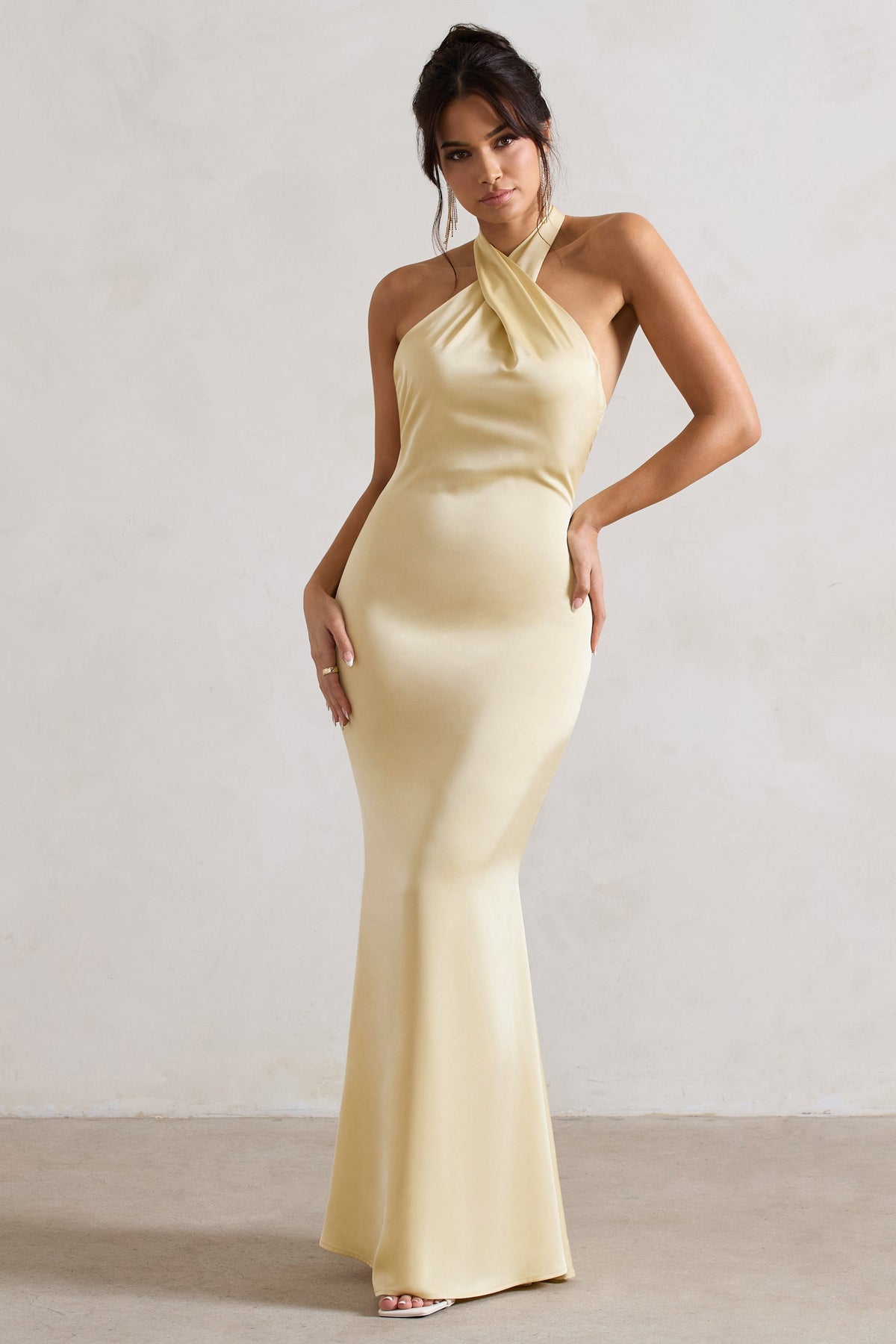 Lemon Satin Cross Over Halter-Neck Maxi Dress