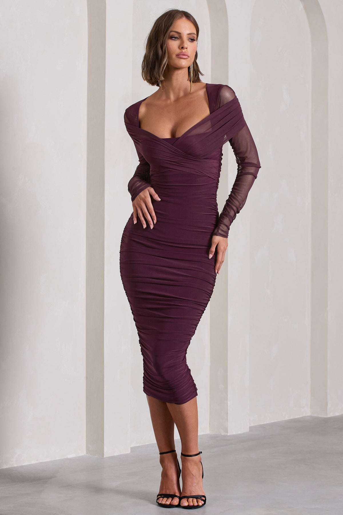 Plum Ruched Mesh Long-Sleeved Bodycon Midi Dress