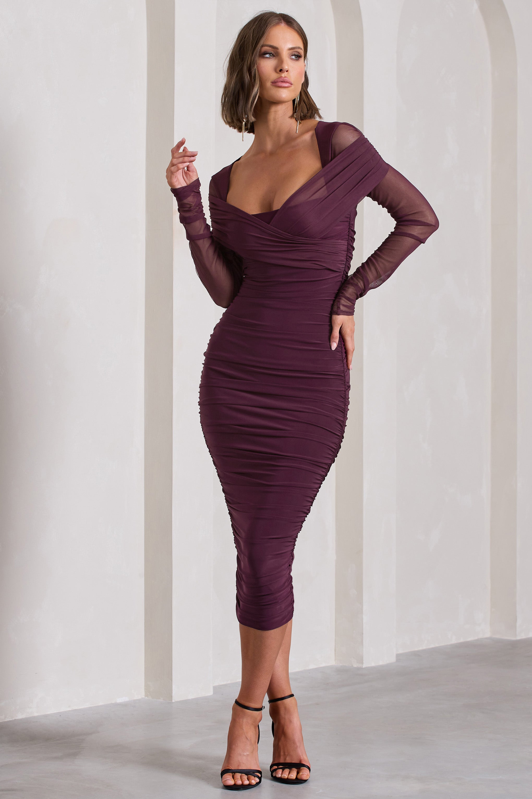 Plum Ruched Mesh Long-Sleeved Bodycon Midi Dress