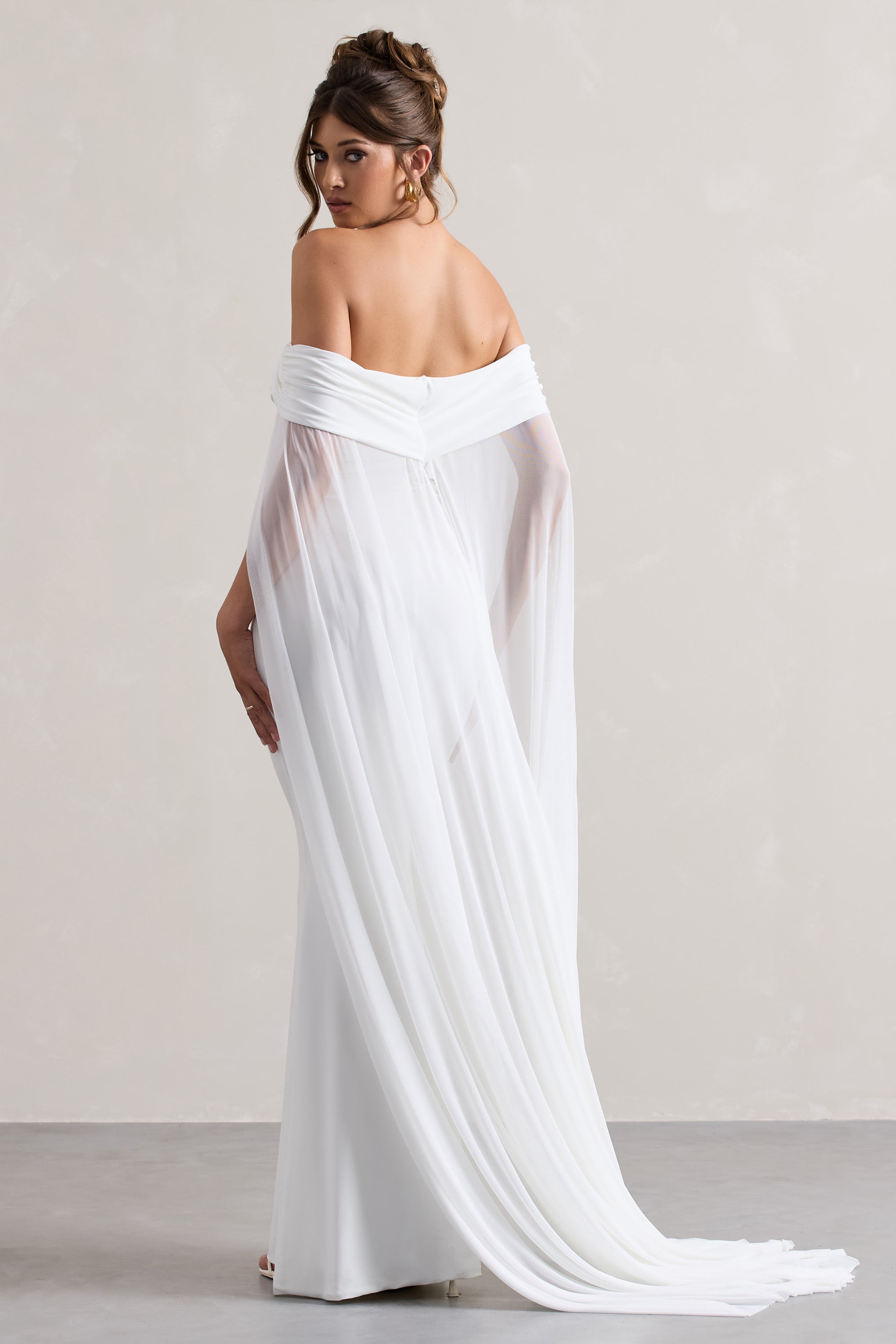 White Bardot Maxi Dress With Chiffon Cape