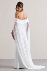 White Bardot Maxi Dress With Chiffon Cape