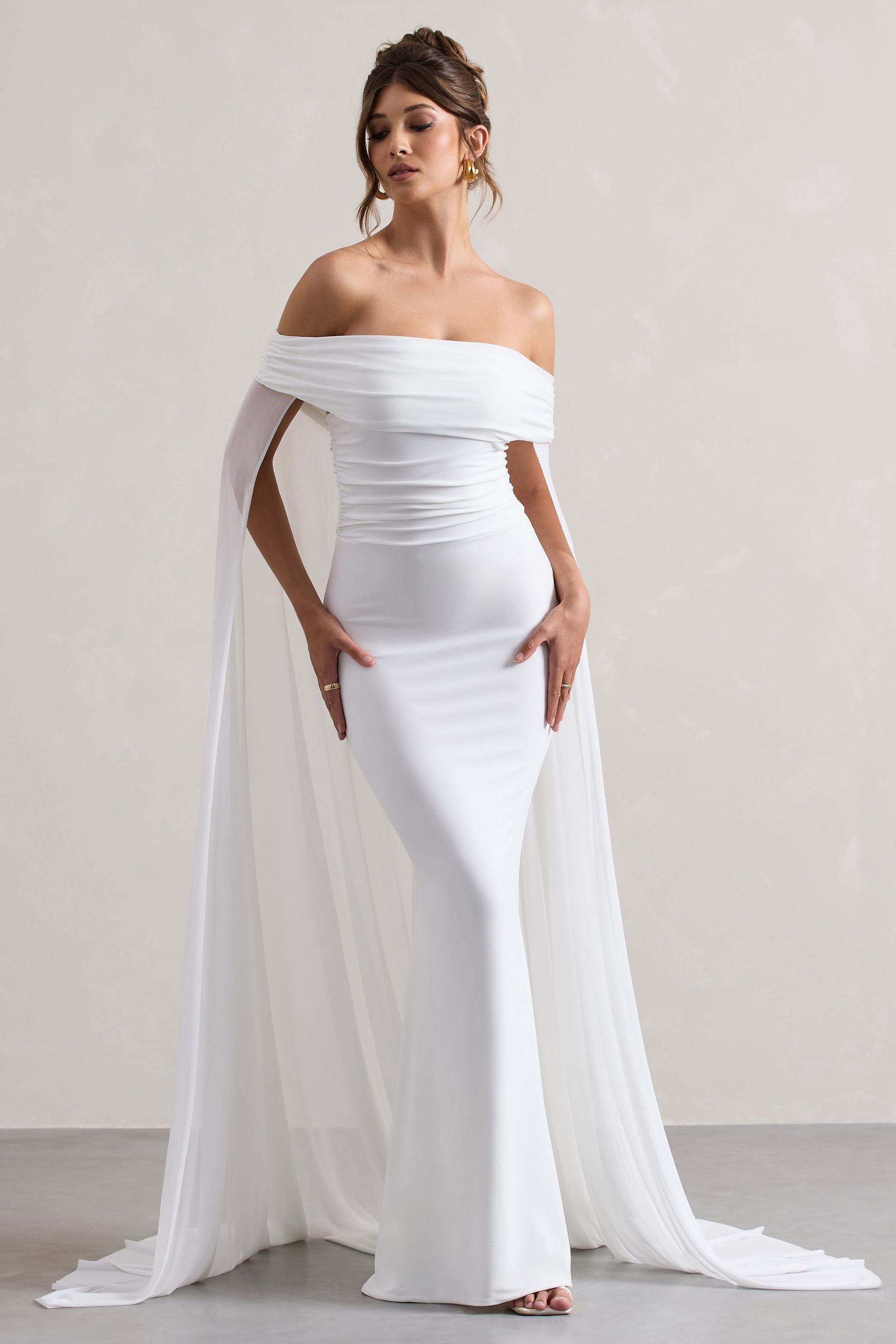 White Bardot Maxi Dress With Chiffon Cape