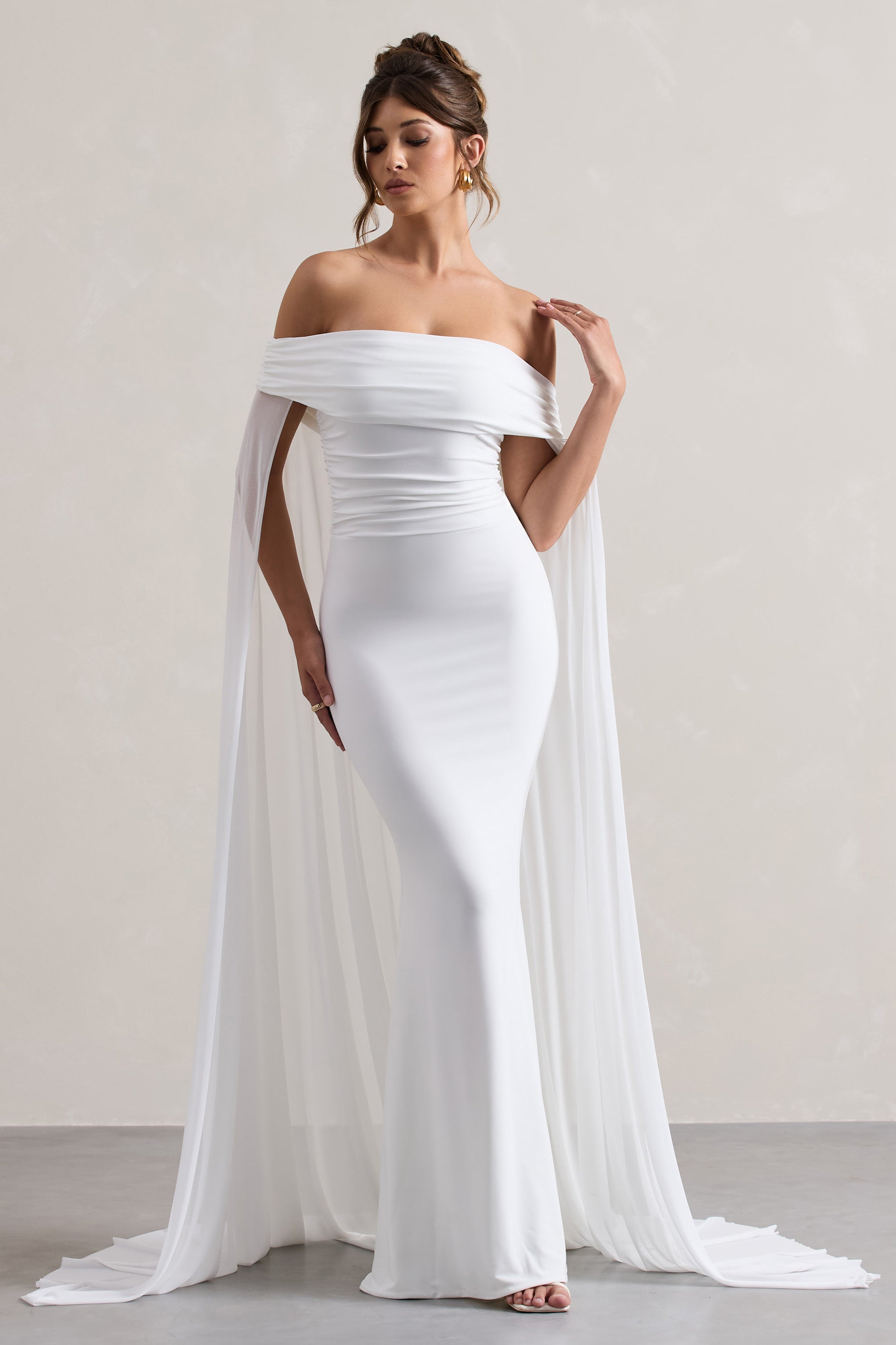 White Bardot Maxi Dress With Chiffon Cape