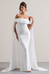 White Bardot Maxi Dress With Chiffon Cape