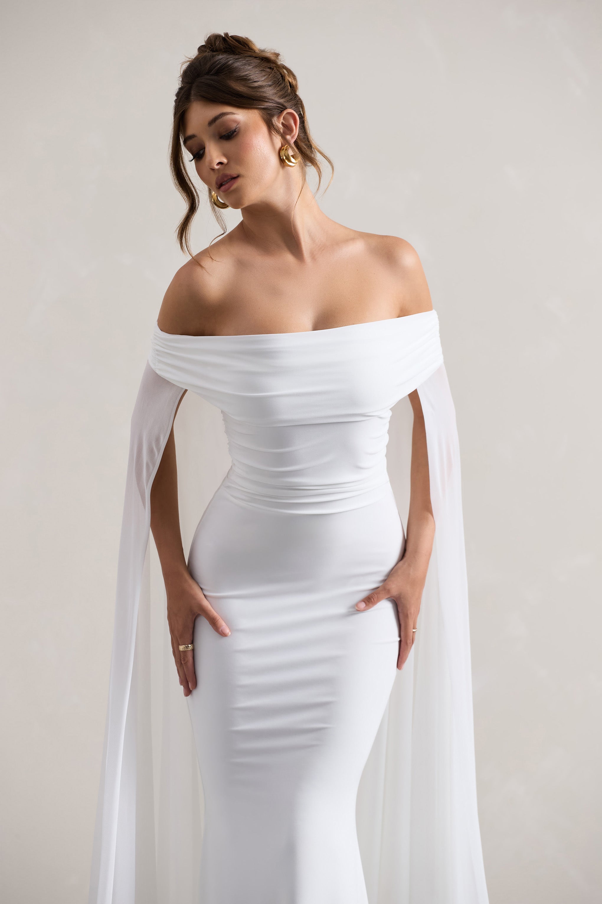 White Bardot Maxi Dress With Chiffon Cape