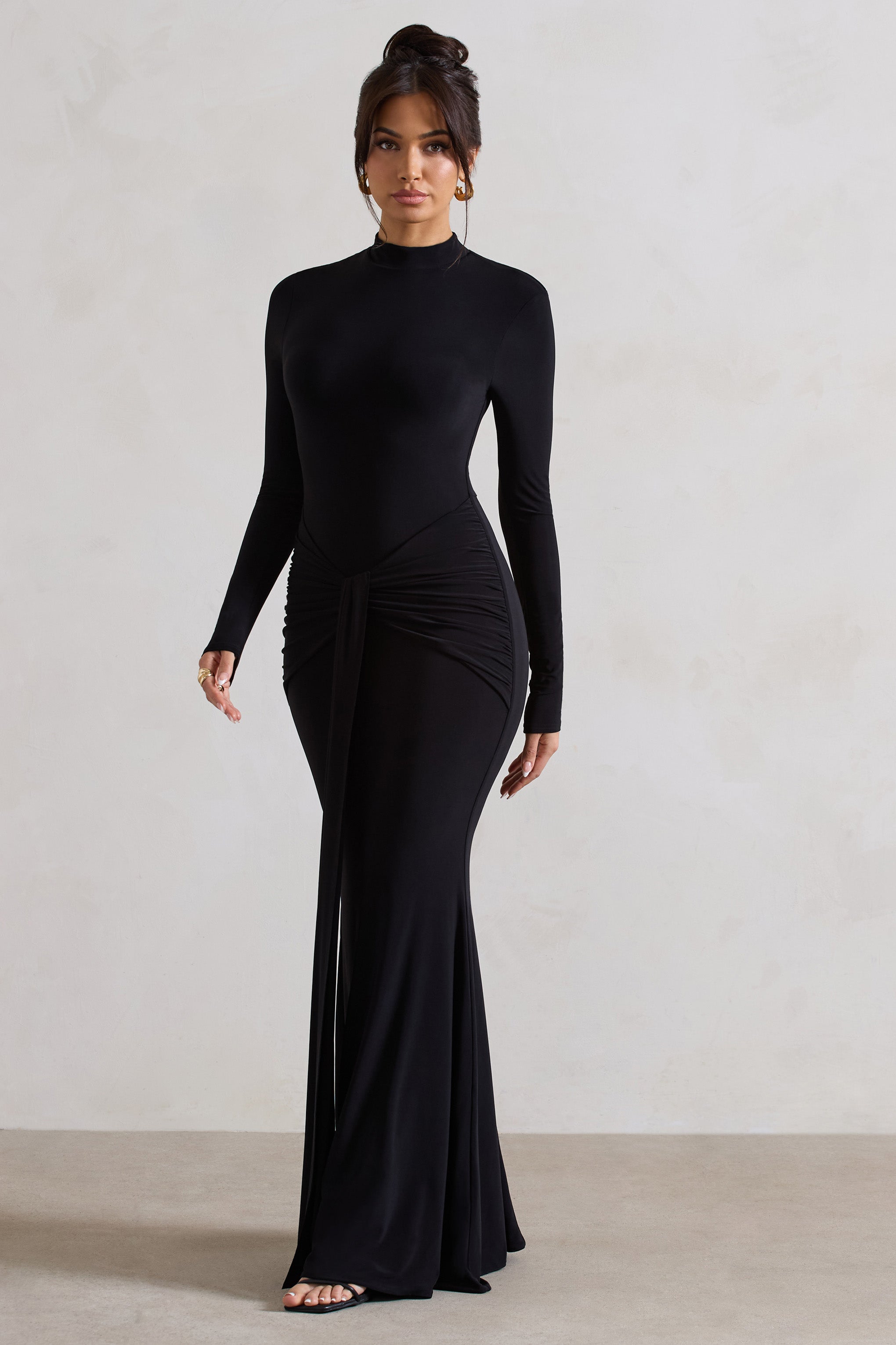 Black High-Neck Long Sleeve Knot Maxi Dress