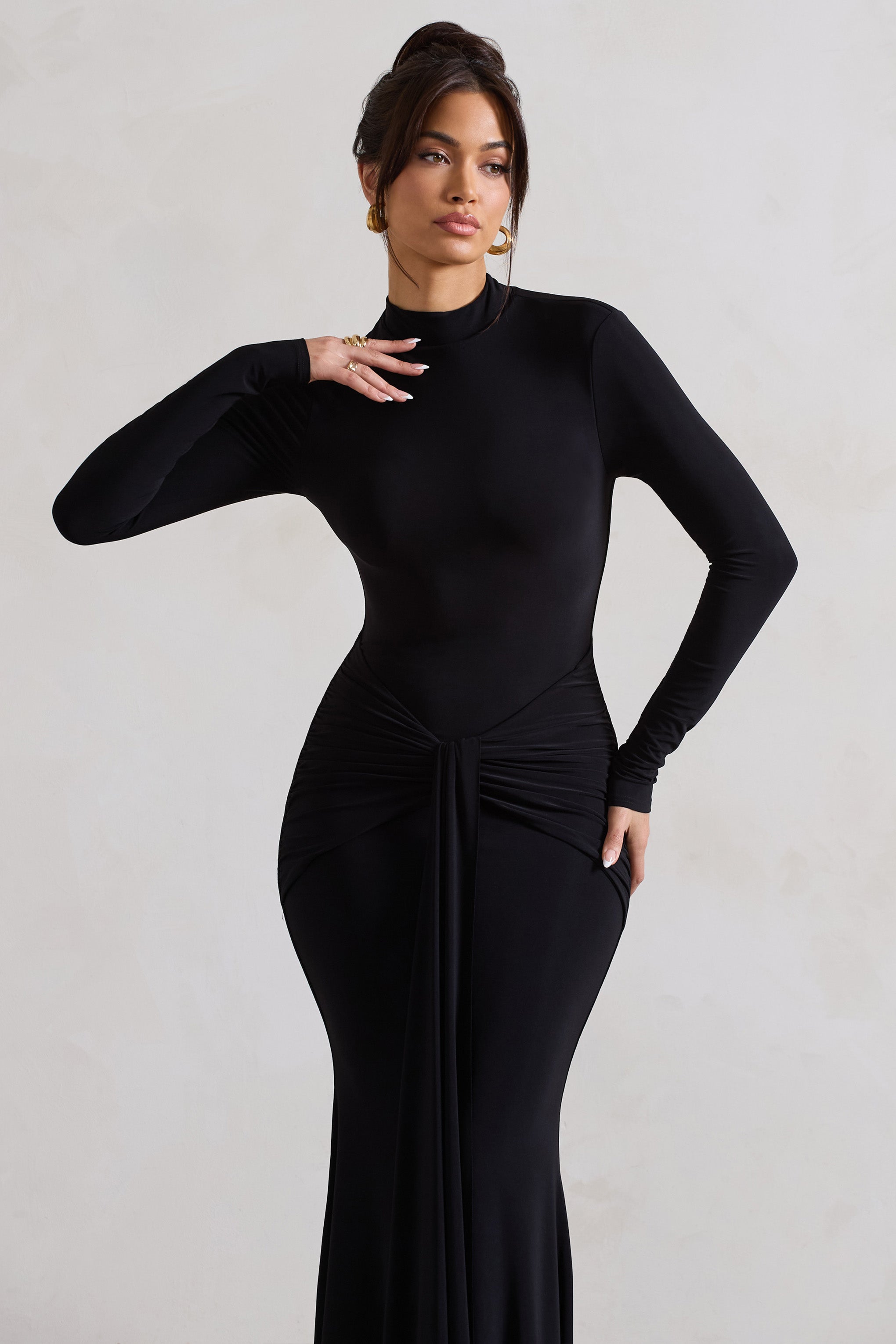 Black High-Neck Long Sleeve Knot Maxi Dress