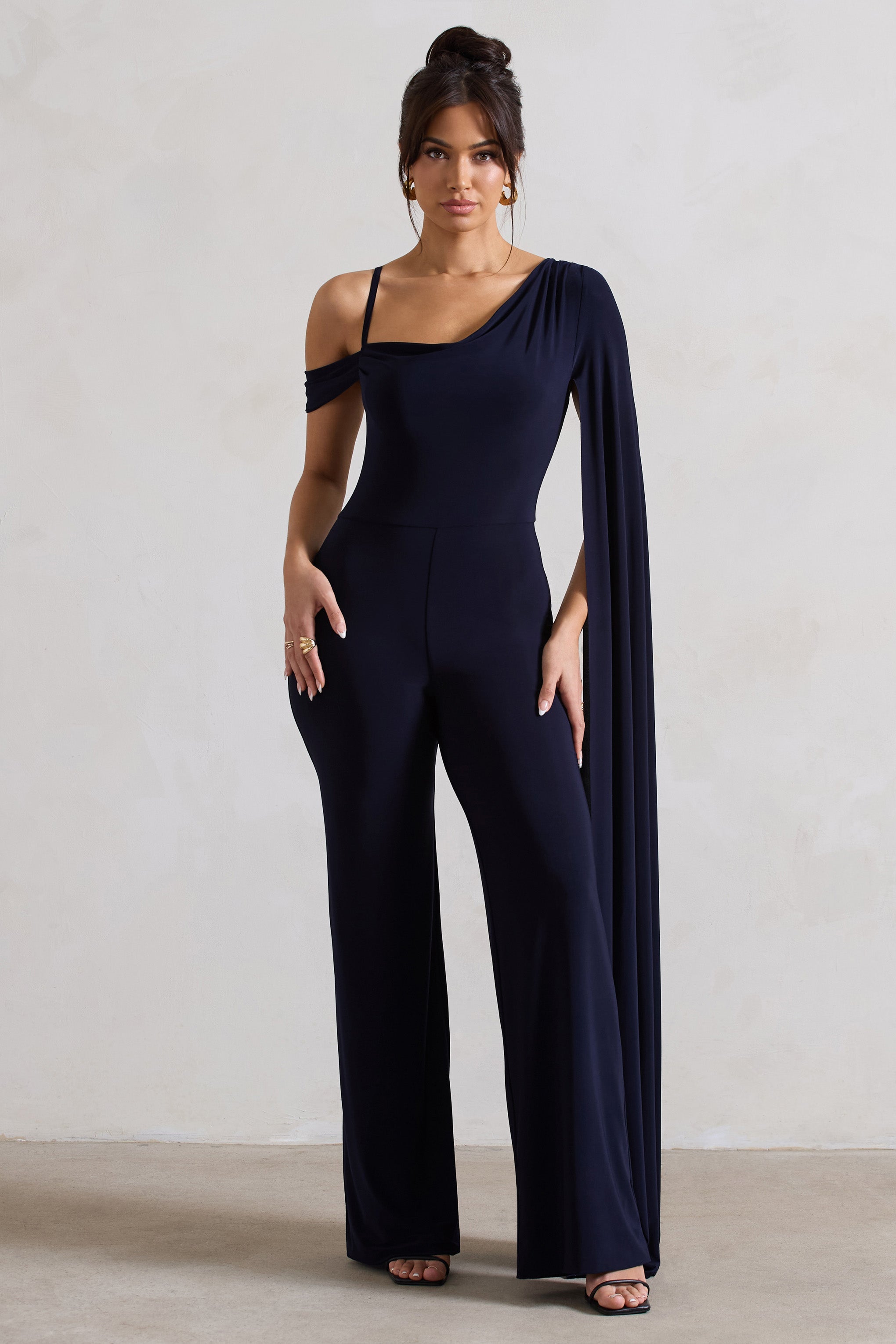 Navy Asymmetric Draped Straight-Leg Jumpsuit With Cape Sleeve