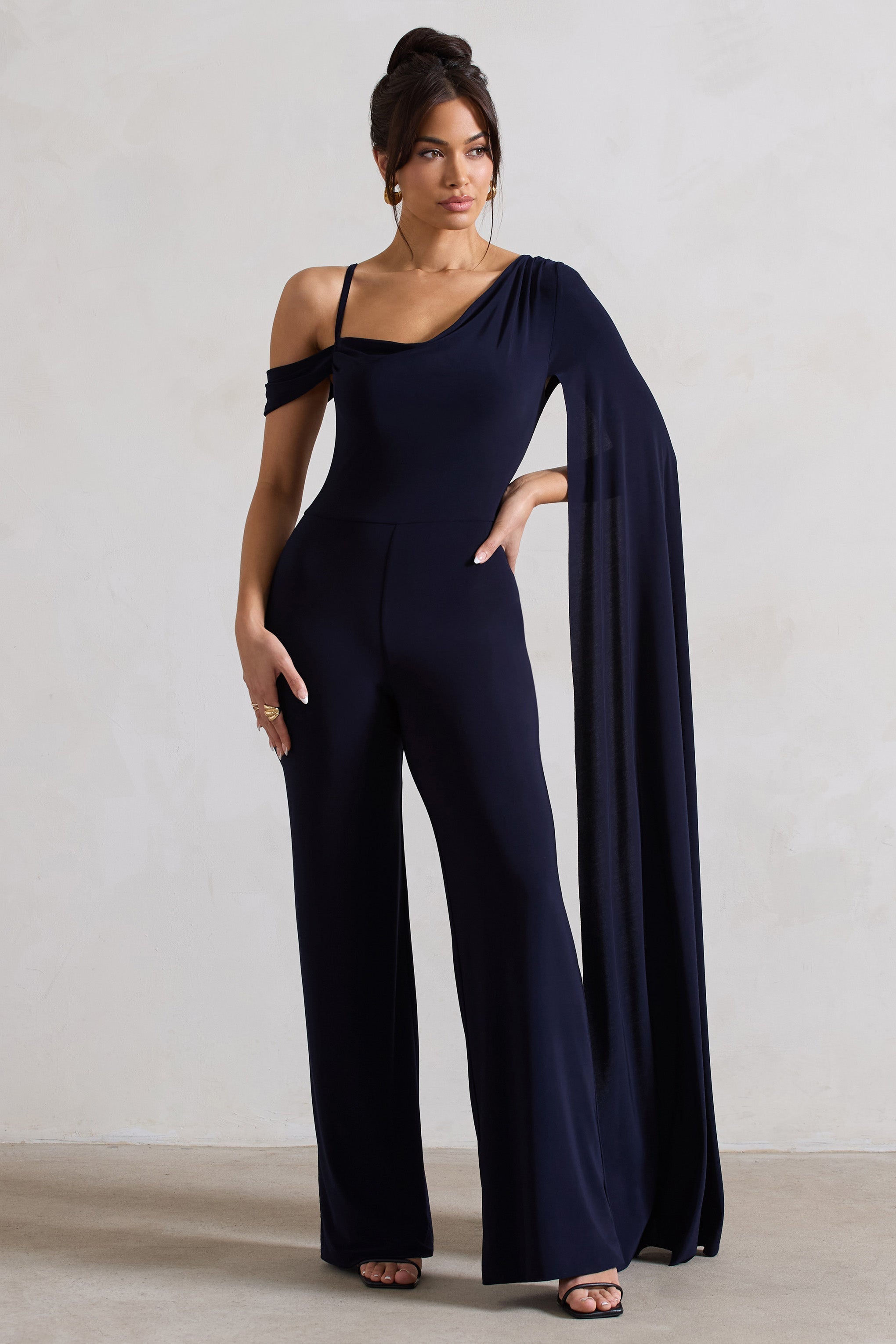 Navy Asymmetric Draped Straight-Leg Jumpsuit With Cape Sleeve