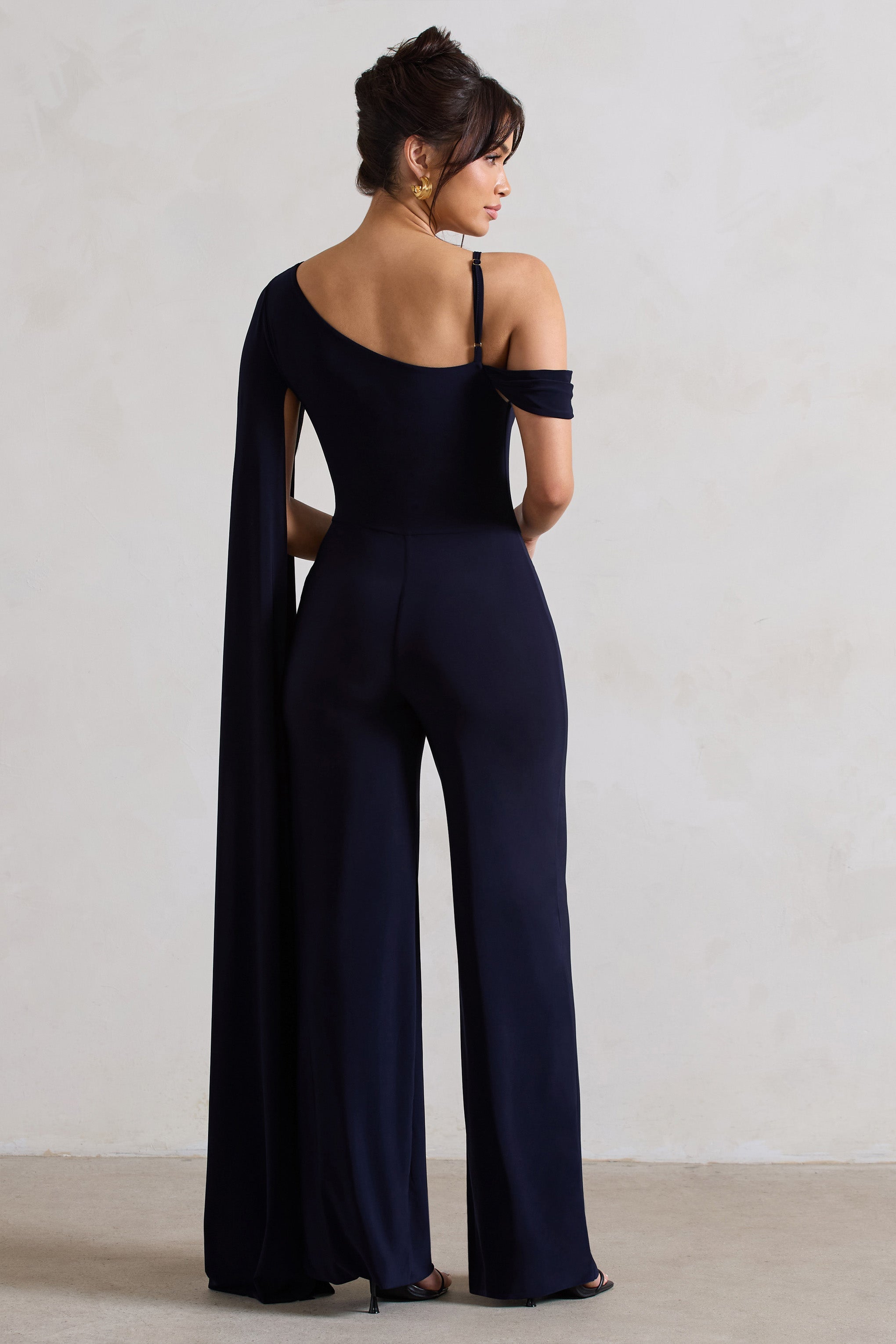 Navy Asymmetric Draped Straight-Leg Jumpsuit With Cape Sleeve