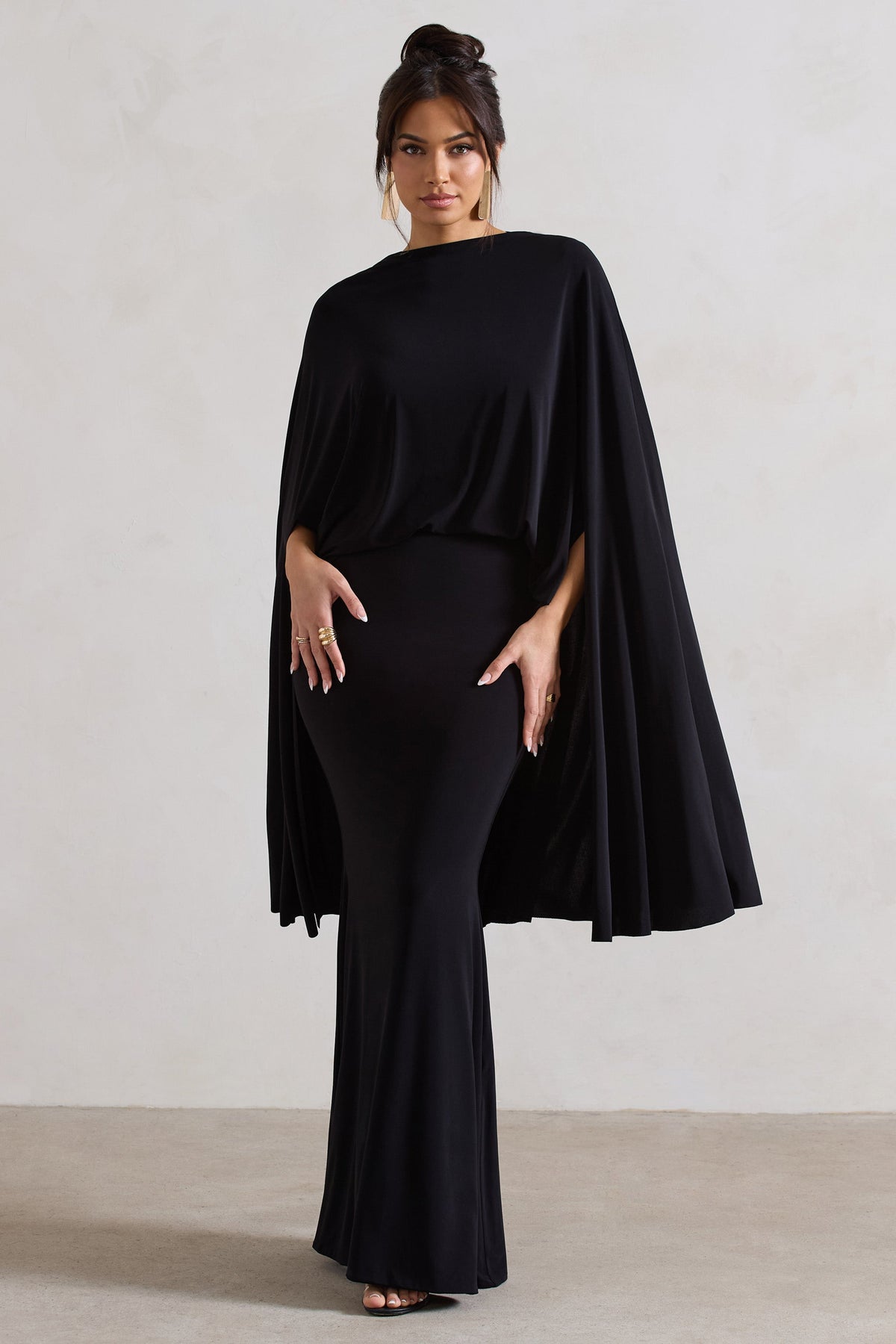 Black High-Neck Maxi Dress With Cape