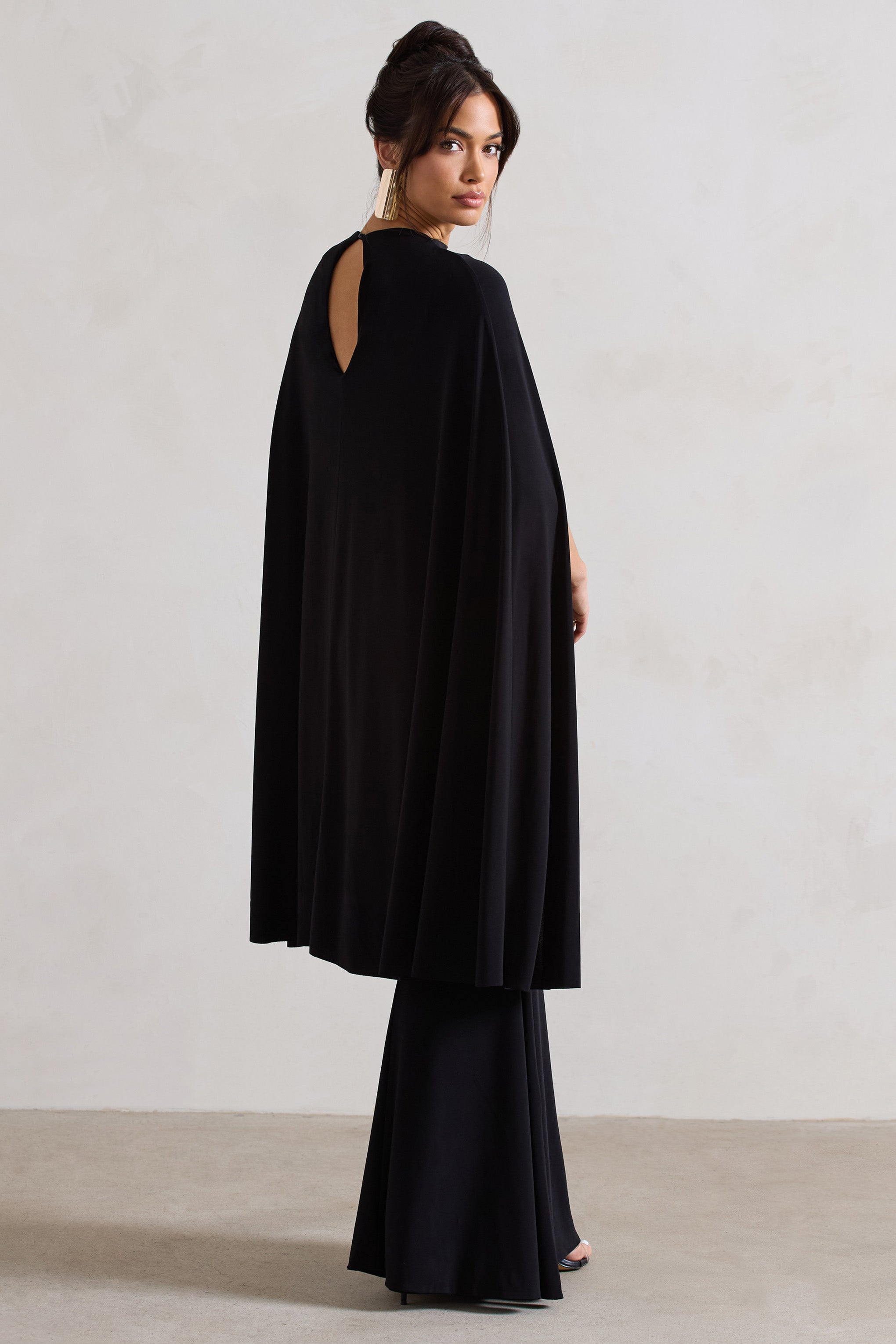 Black High-Neck Maxi Dress With Cape