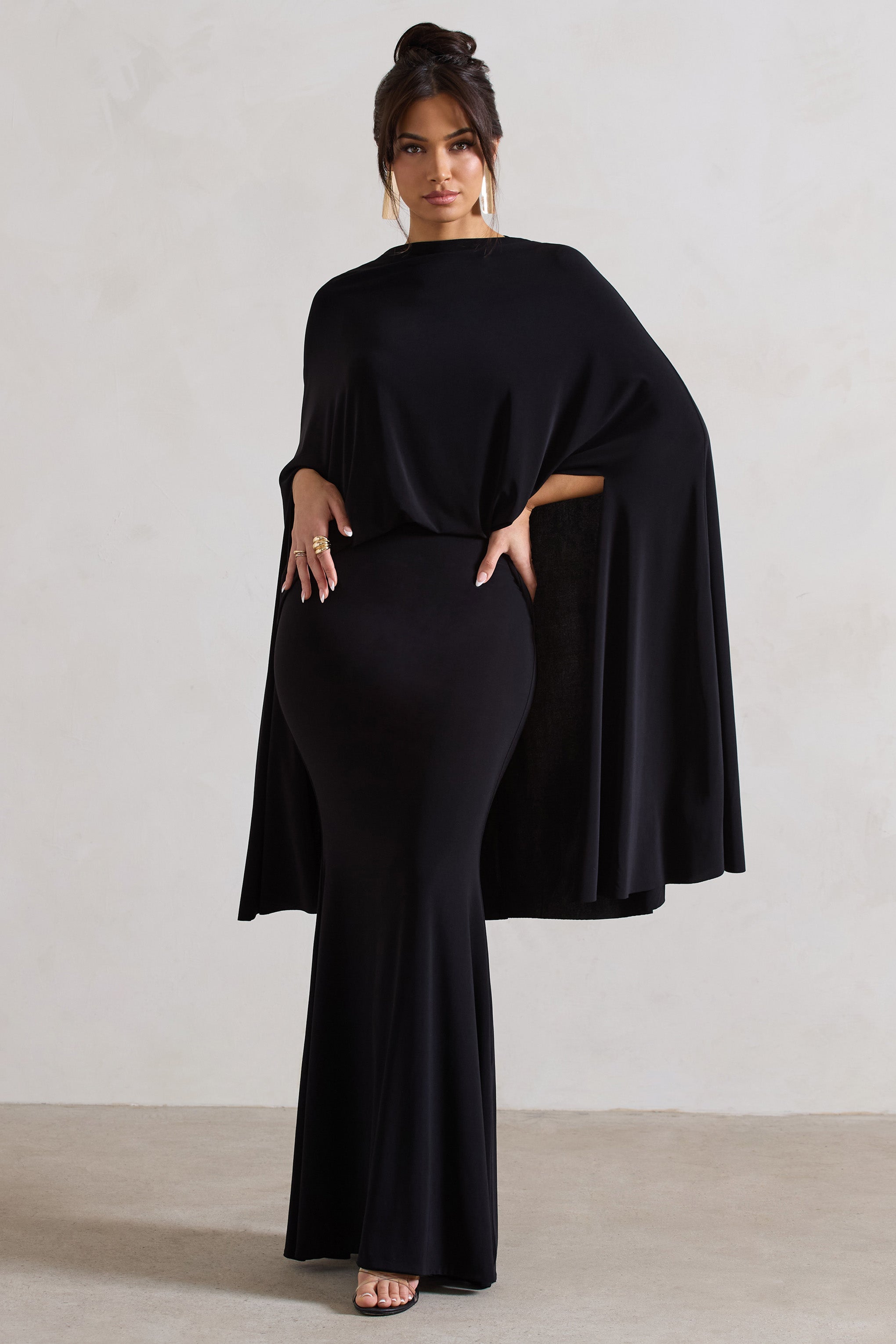 Black High-Neck Maxi Dress With Cape