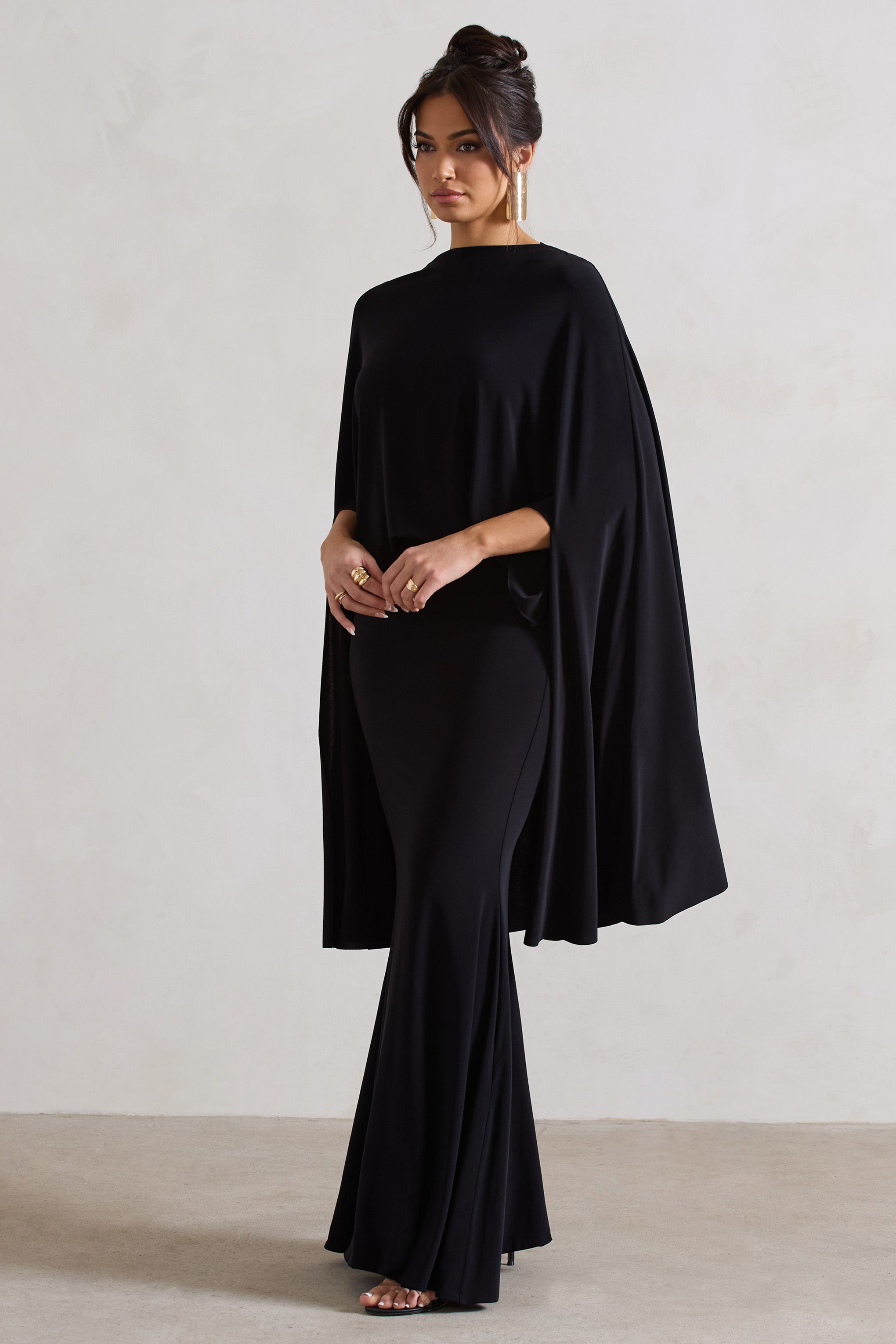 Black High-Neck Maxi Dress With Cape
