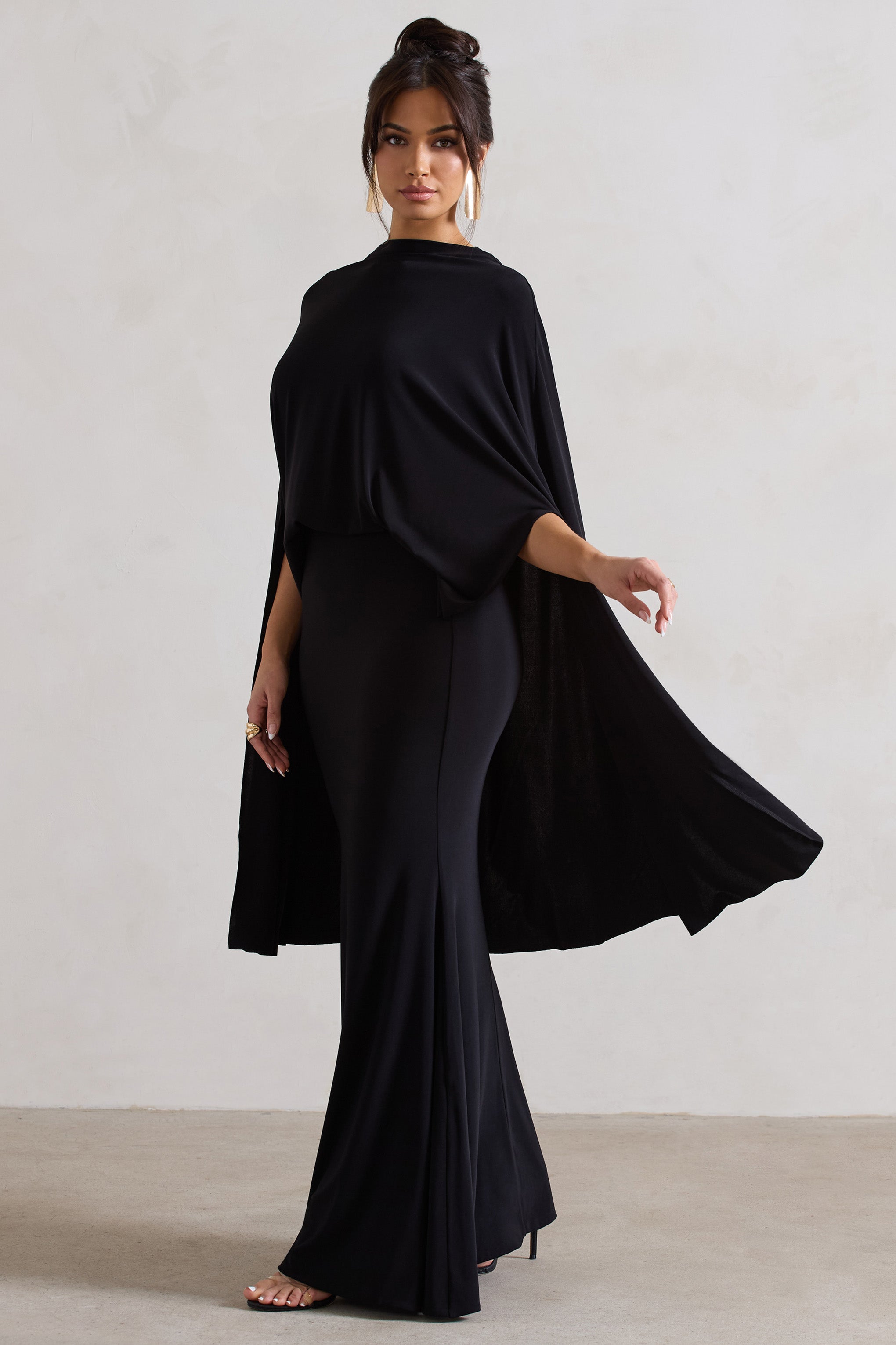 Black High-Neck Maxi Dress With Cape
