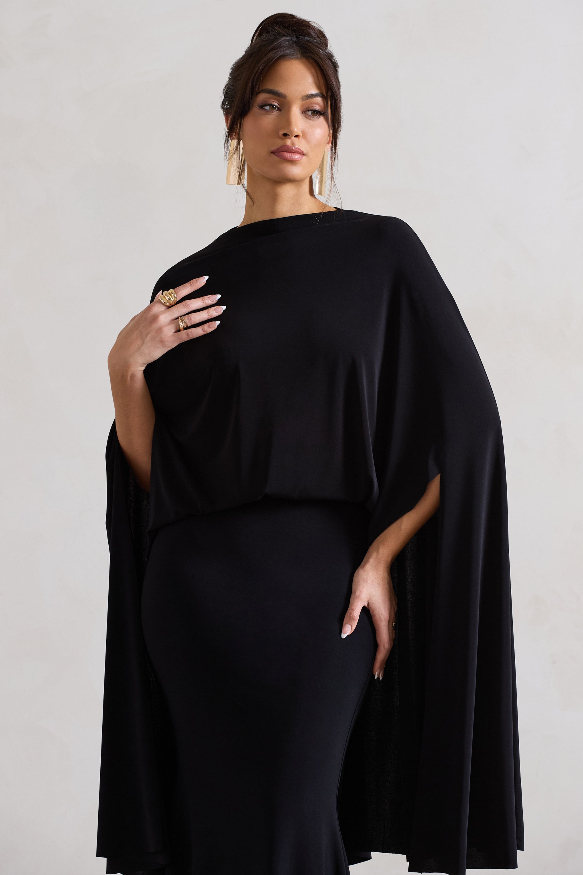 Black High-Neck Maxi Dress With Cape
