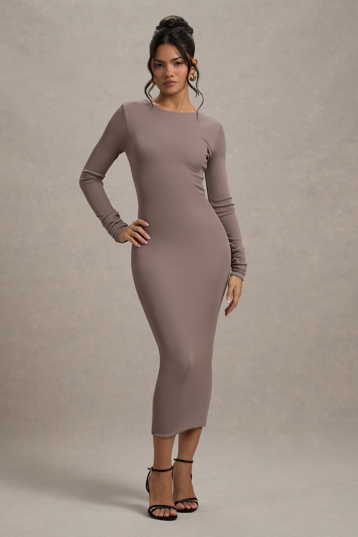 Taupe Rib Knit Cowl-Back Midi Dress