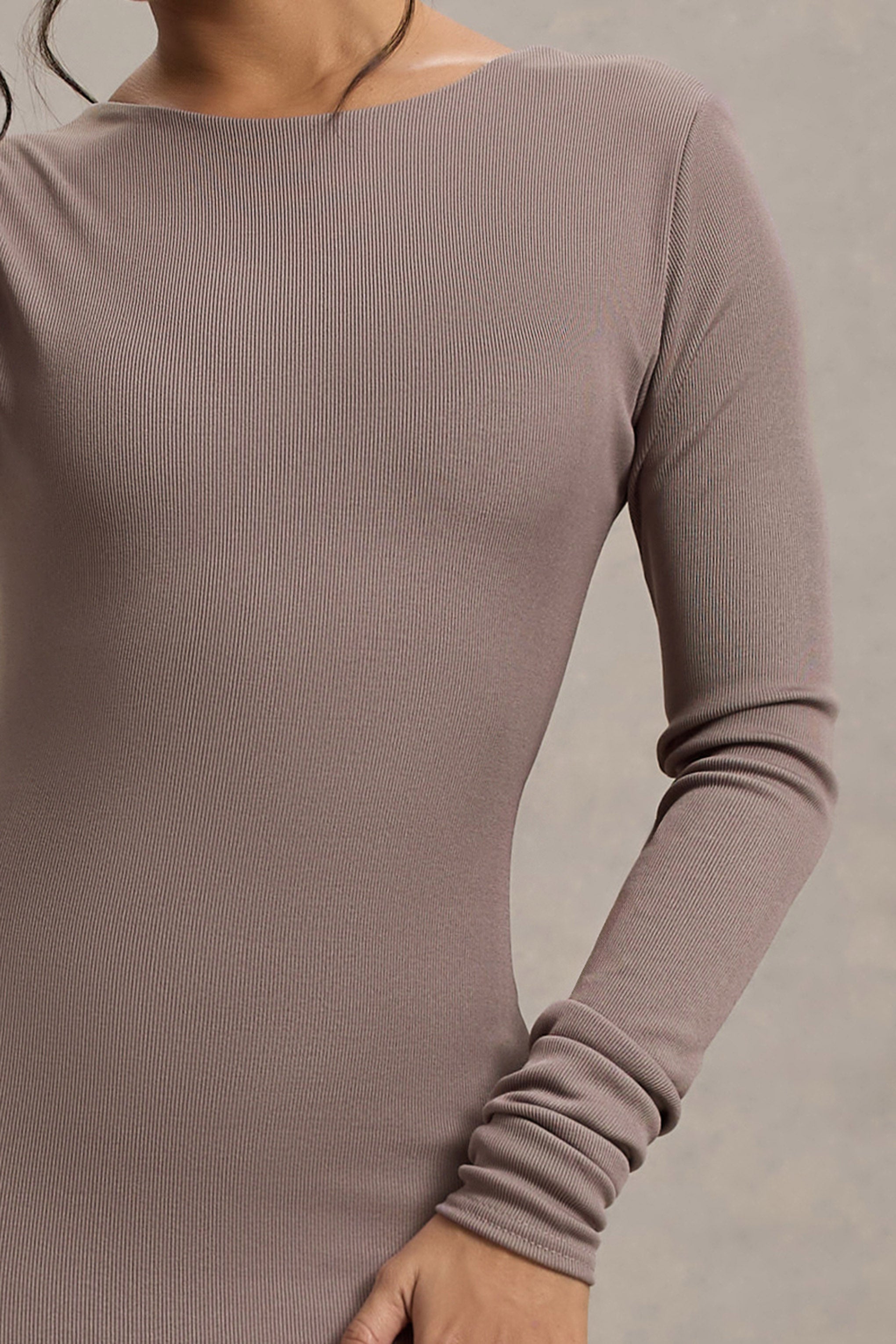Taupe Rib Knit Cowl-Back Midi Dress