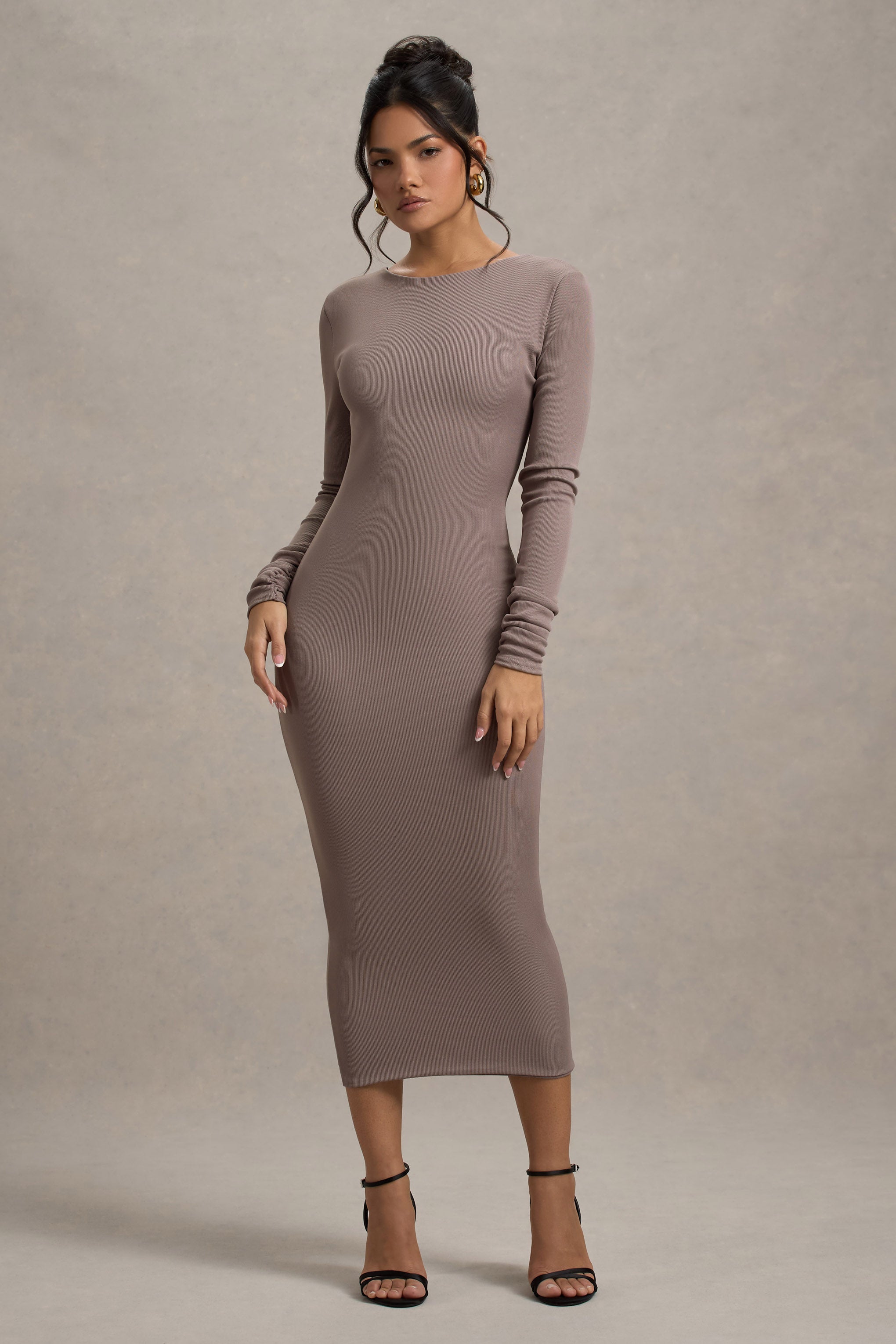 Taupe Rib Knit Cowl-Back Midi Dress