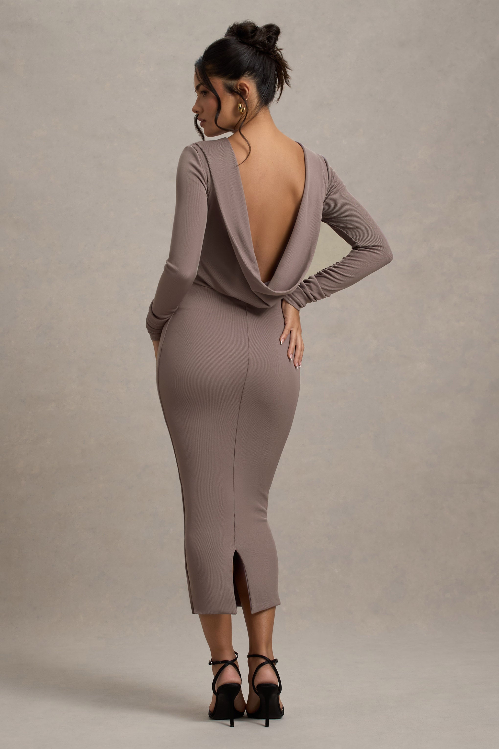 Taupe Rib Knit Cowl-Back Midi Dress