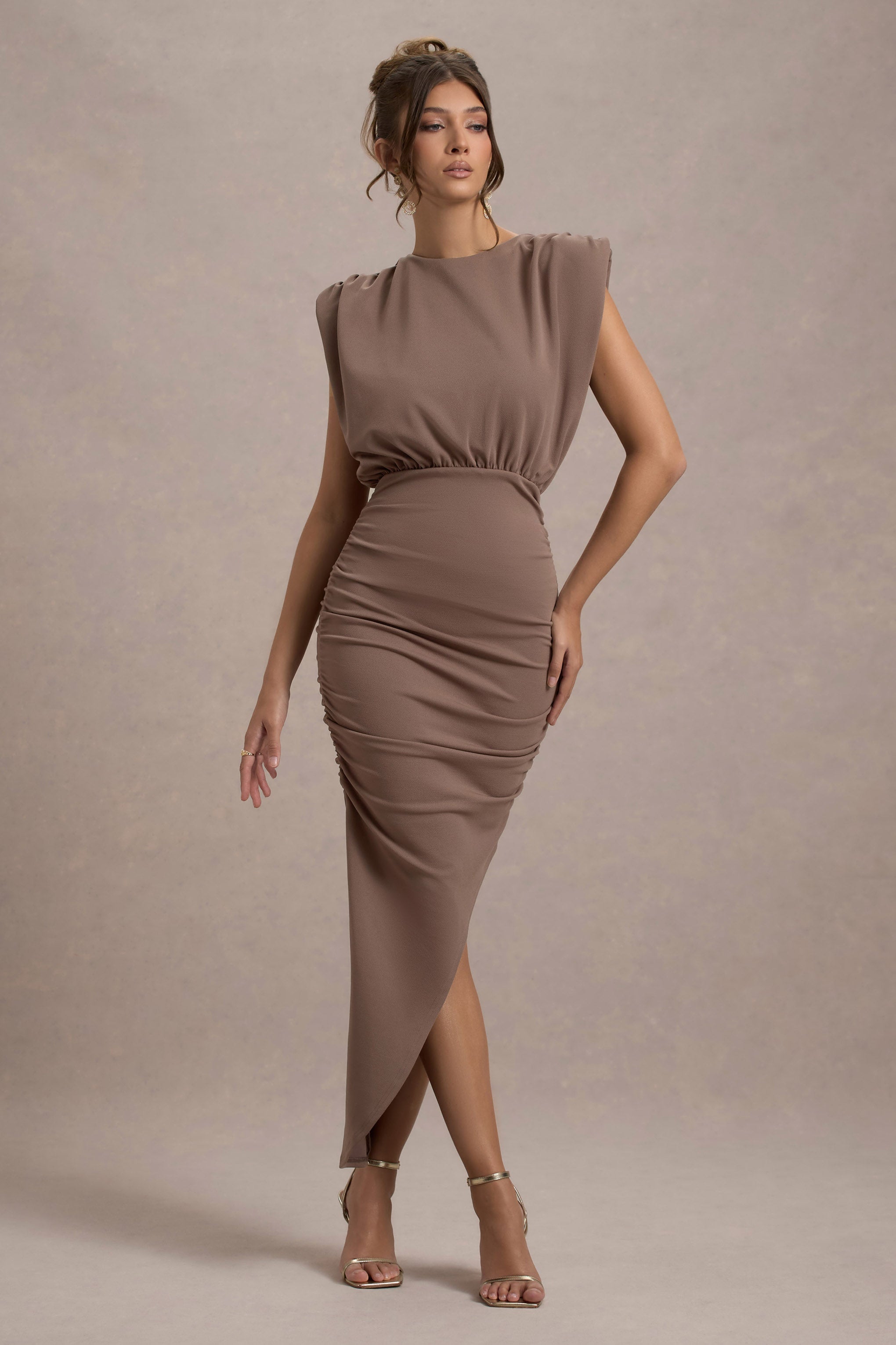 Mocha Sleeveless Maxi Dress With Asymmetric Hem