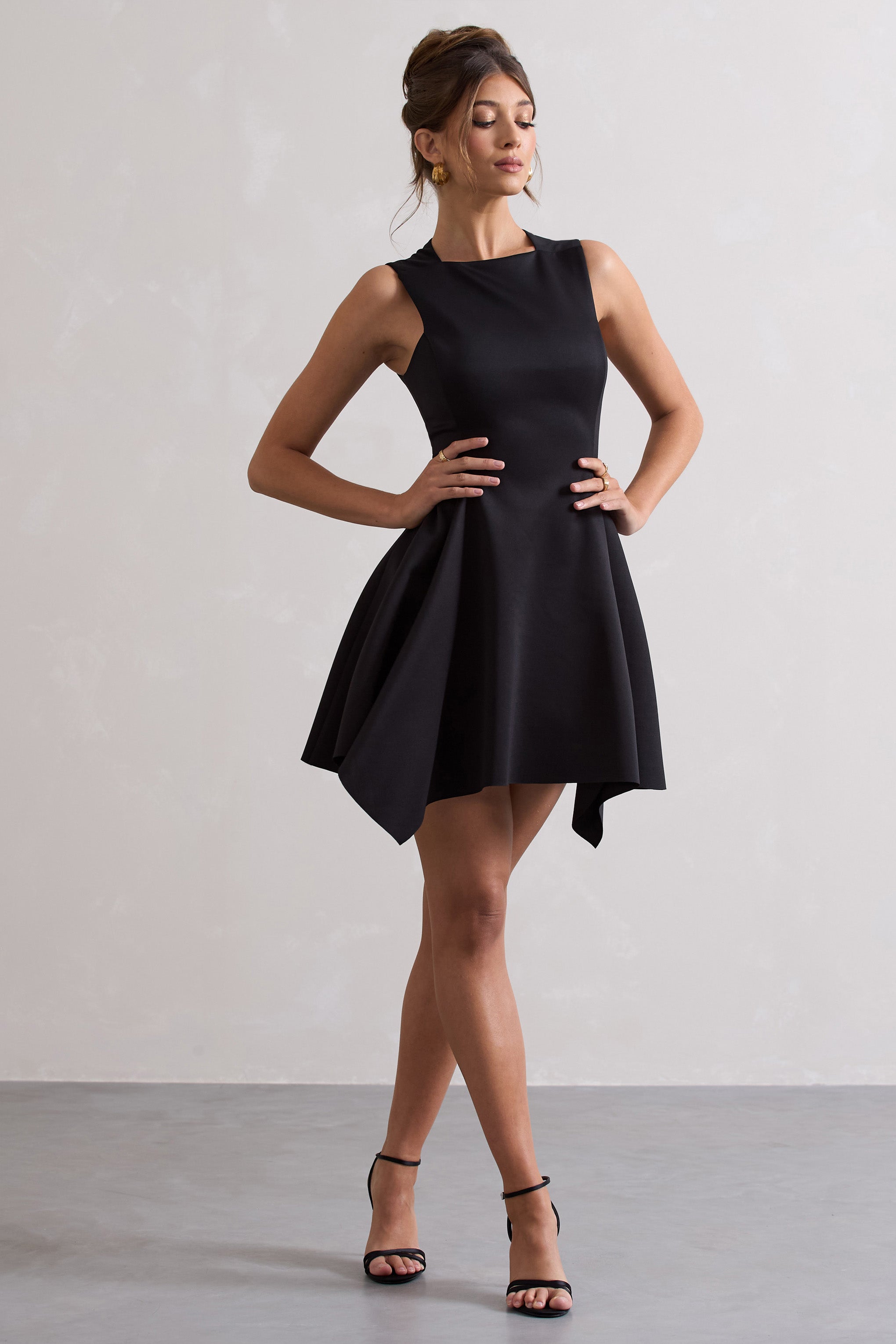 Black Sleeveless Draped Hem Mini Dress
