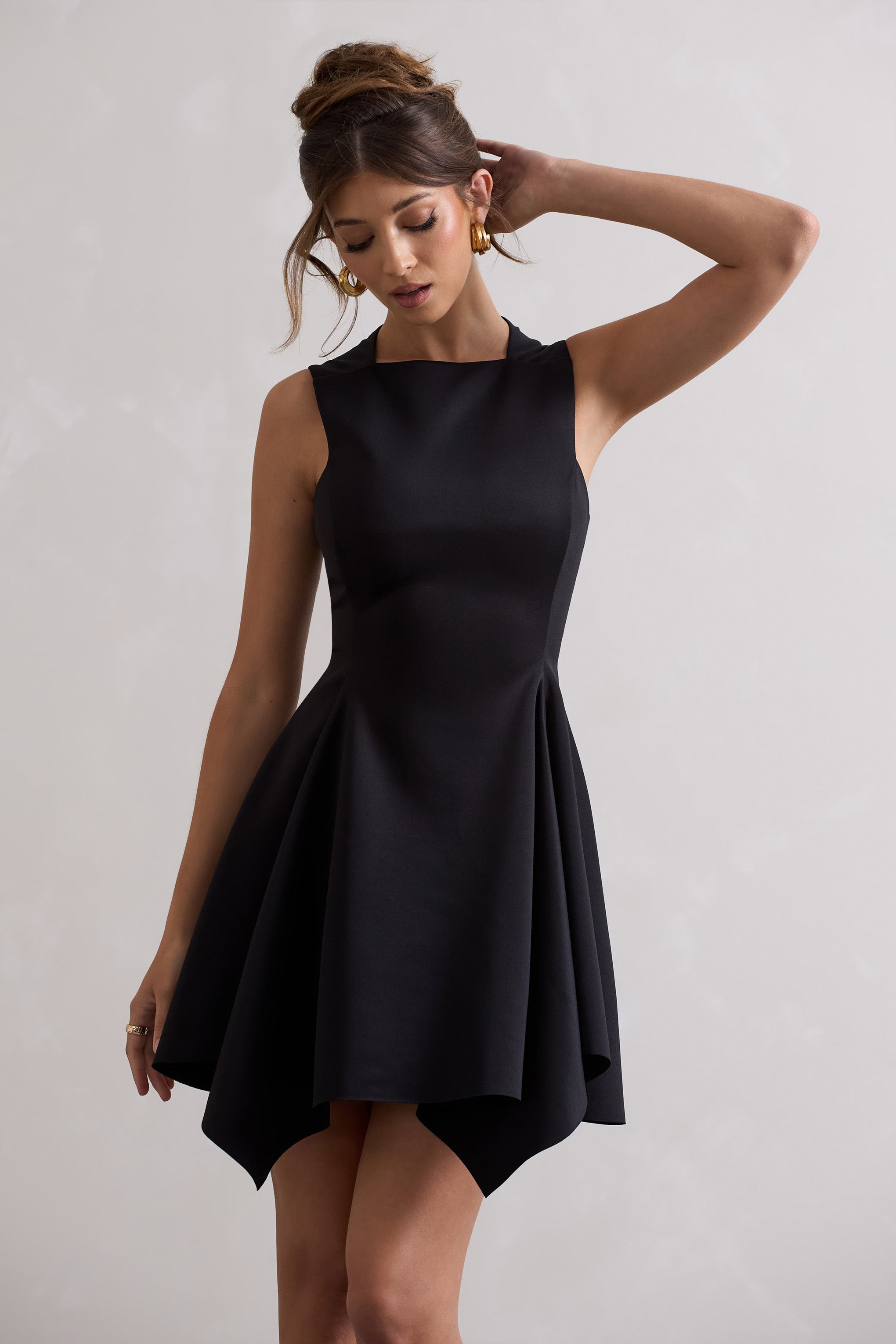 Black Sleeveless Draped Hem Mini Dress