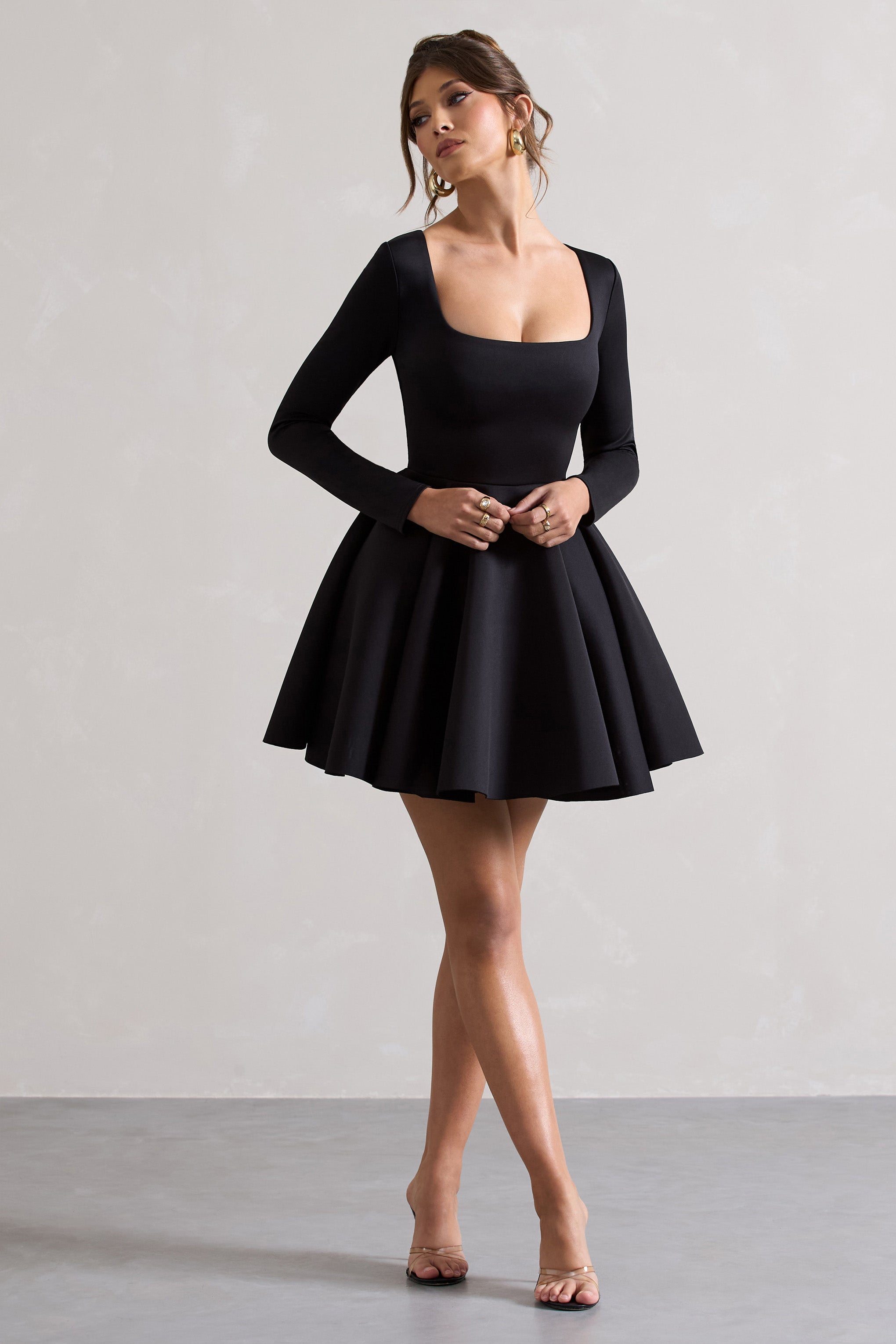 Black Square-Neck Skater Mini Dress
