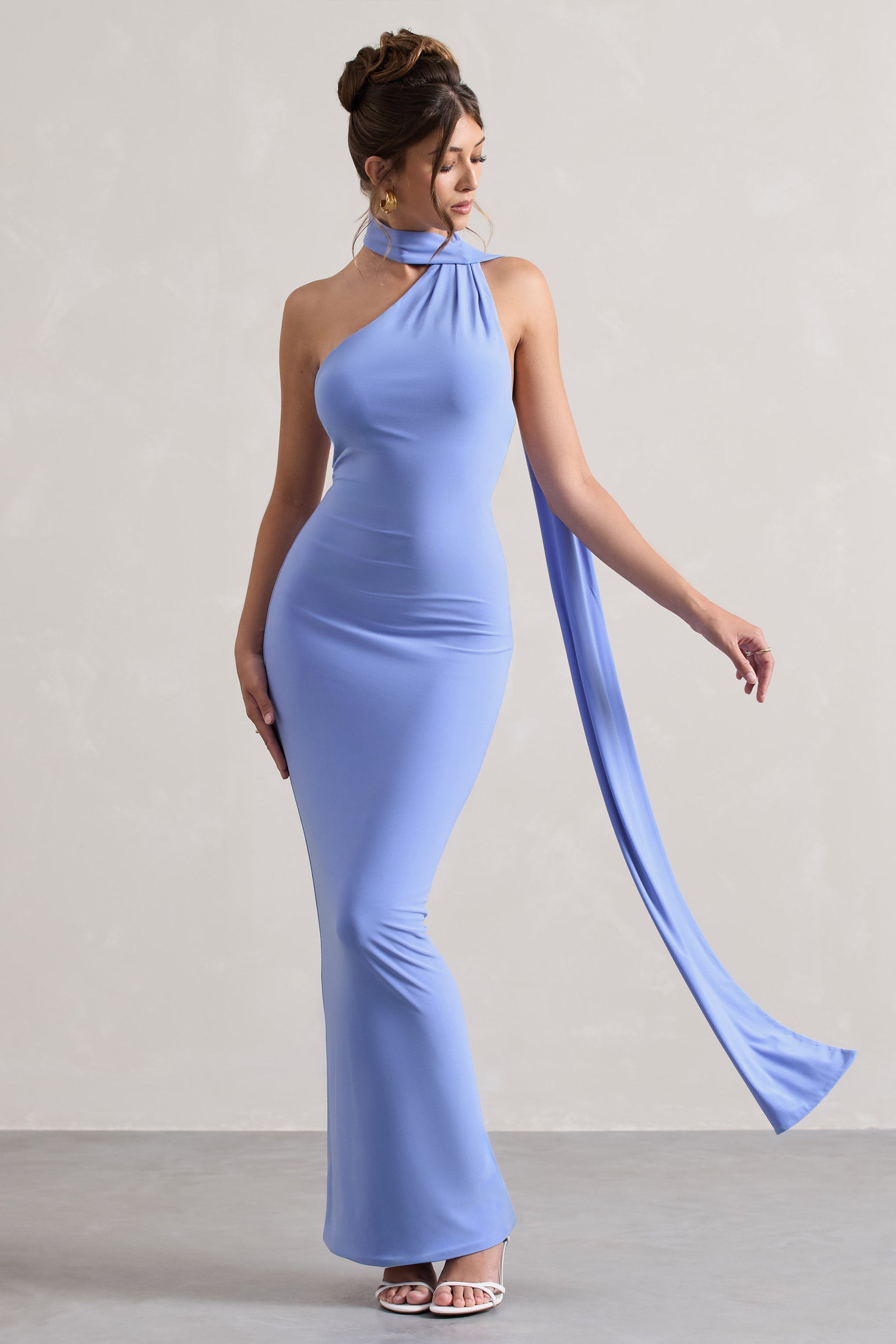 Pale Blue One Shoulder Backless Maxi Dress With Scarf