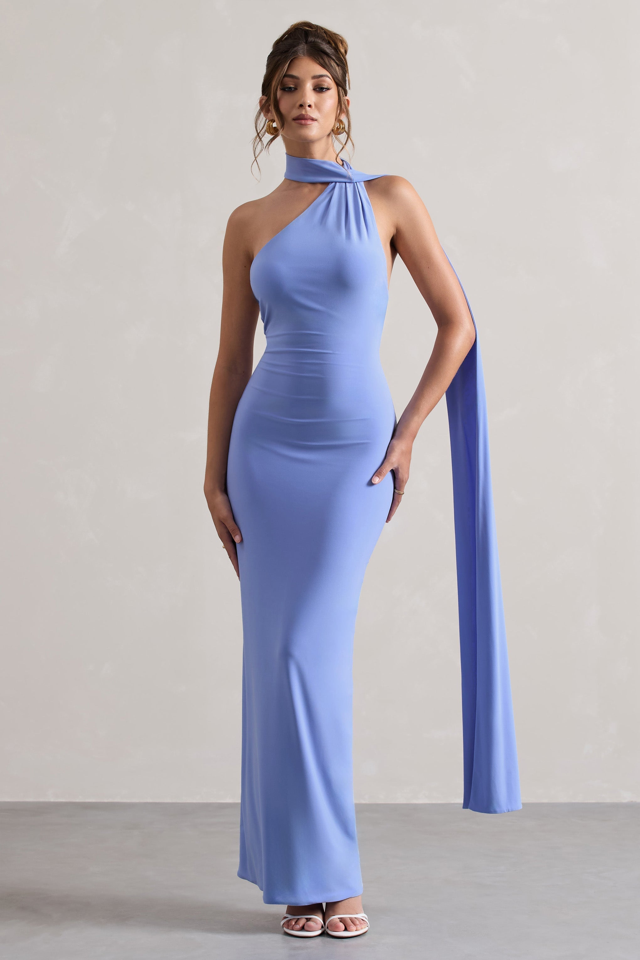 Pale Blue One Shoulder Backless Maxi Dress With Scarf