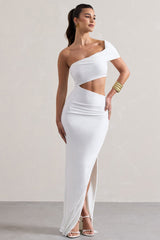 White One-Shoulder Cut-Out Maxi Dress With Split