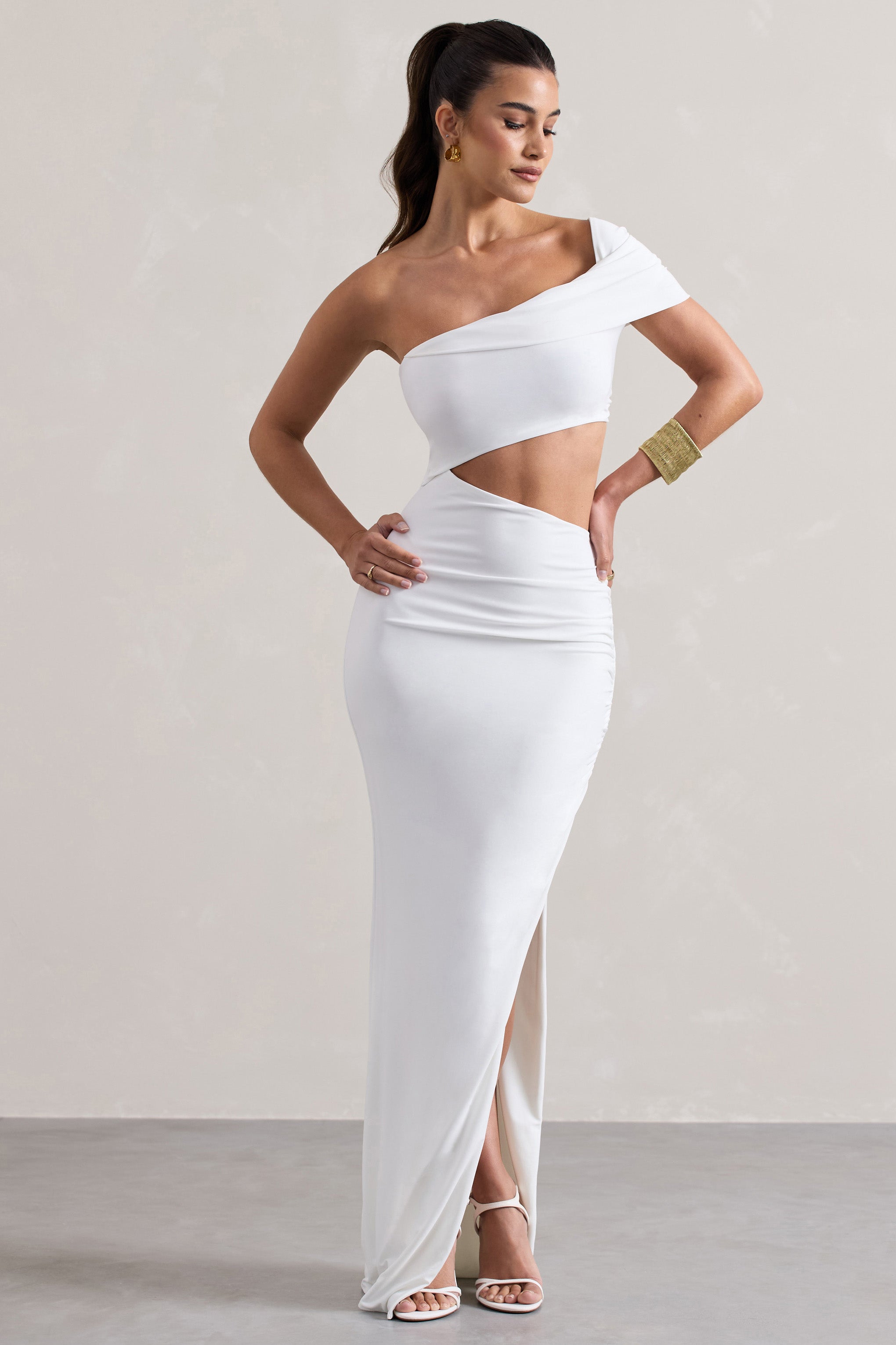 White One-Shoulder Cut-Out Maxi Dress With Split