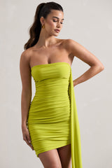 Lime Ruched Asymmetric Mini Dress With Sash