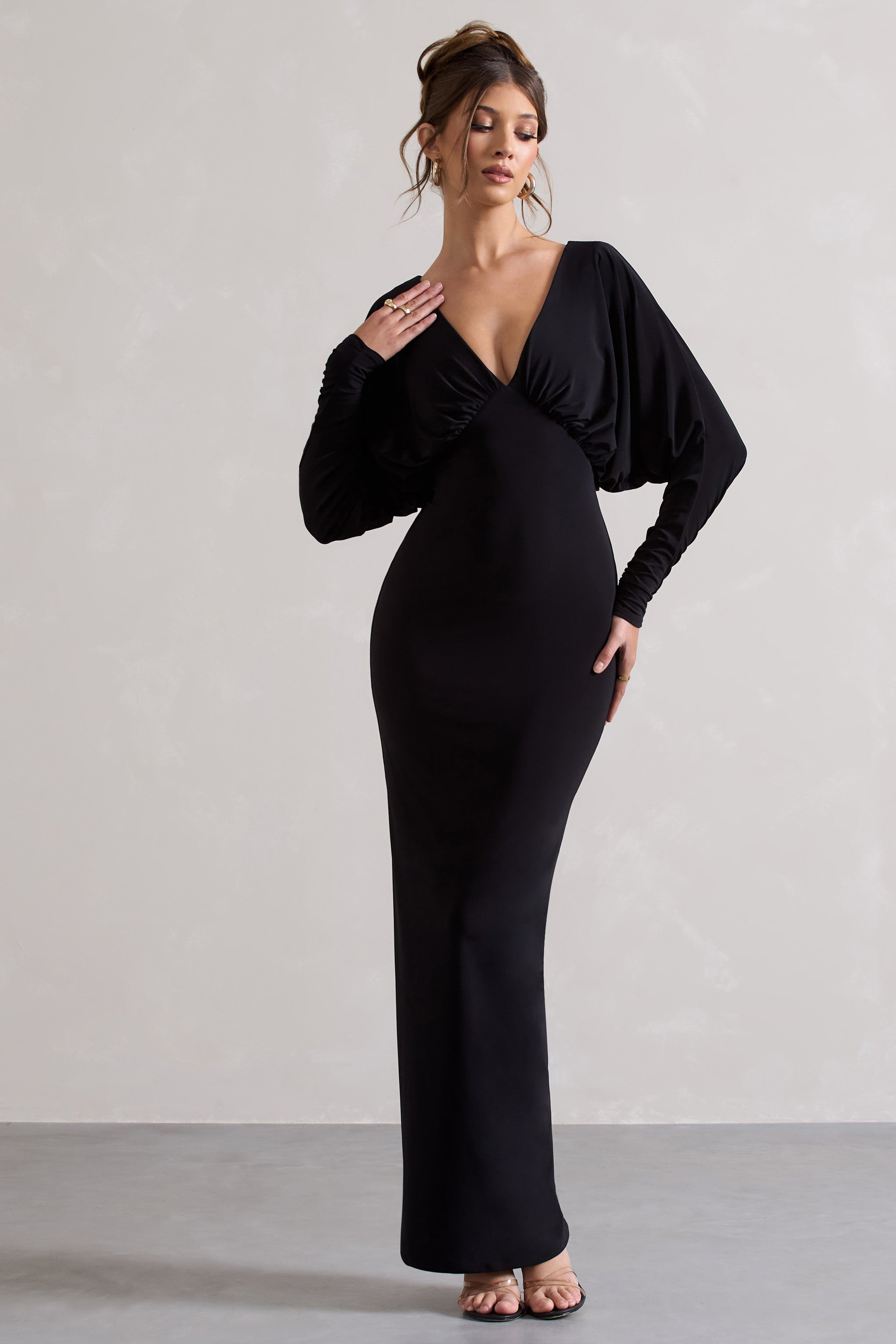 Black Draped Plunge-Neck Maxi Dress