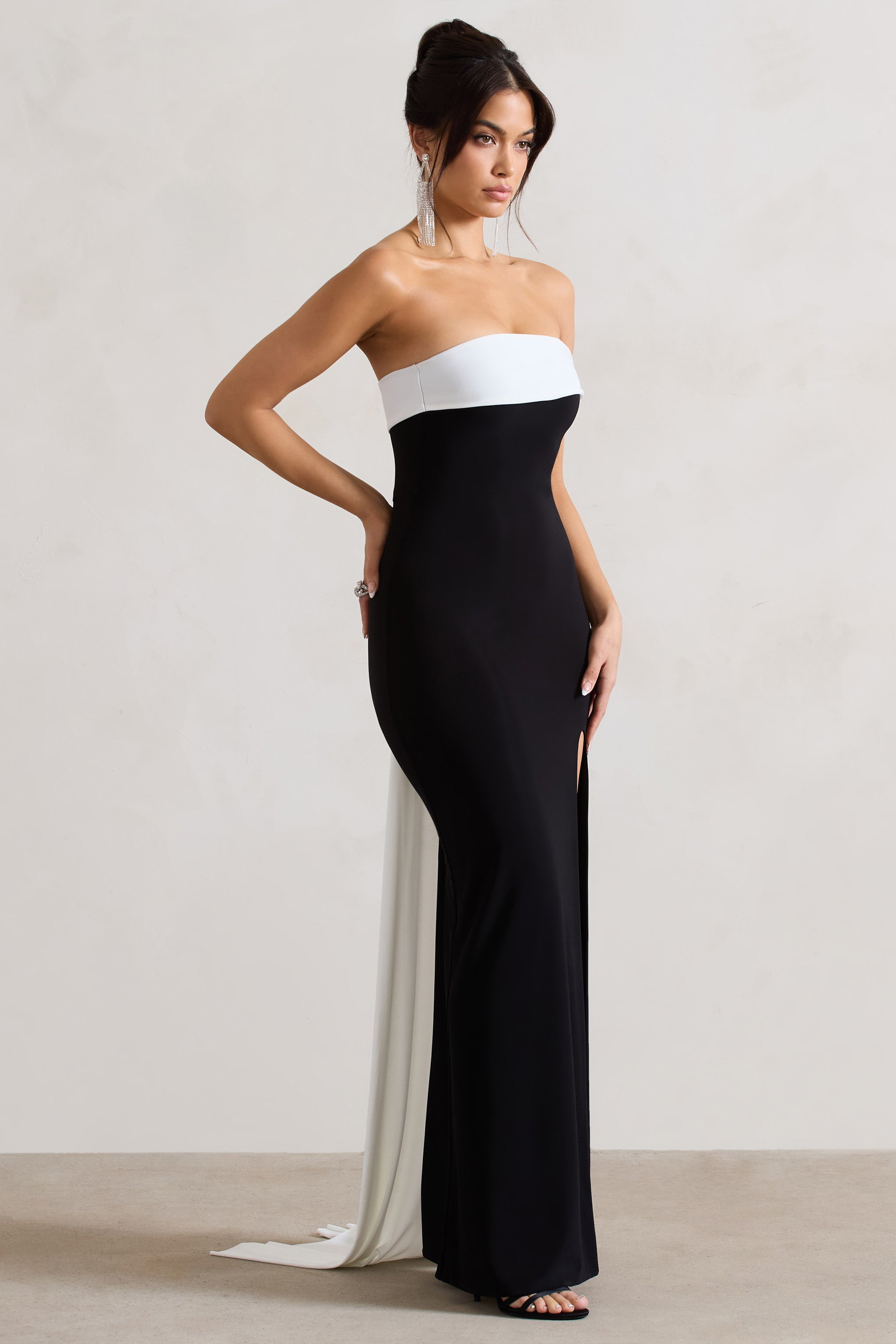 Black & White Bardot Split Maxi Dress With Drape