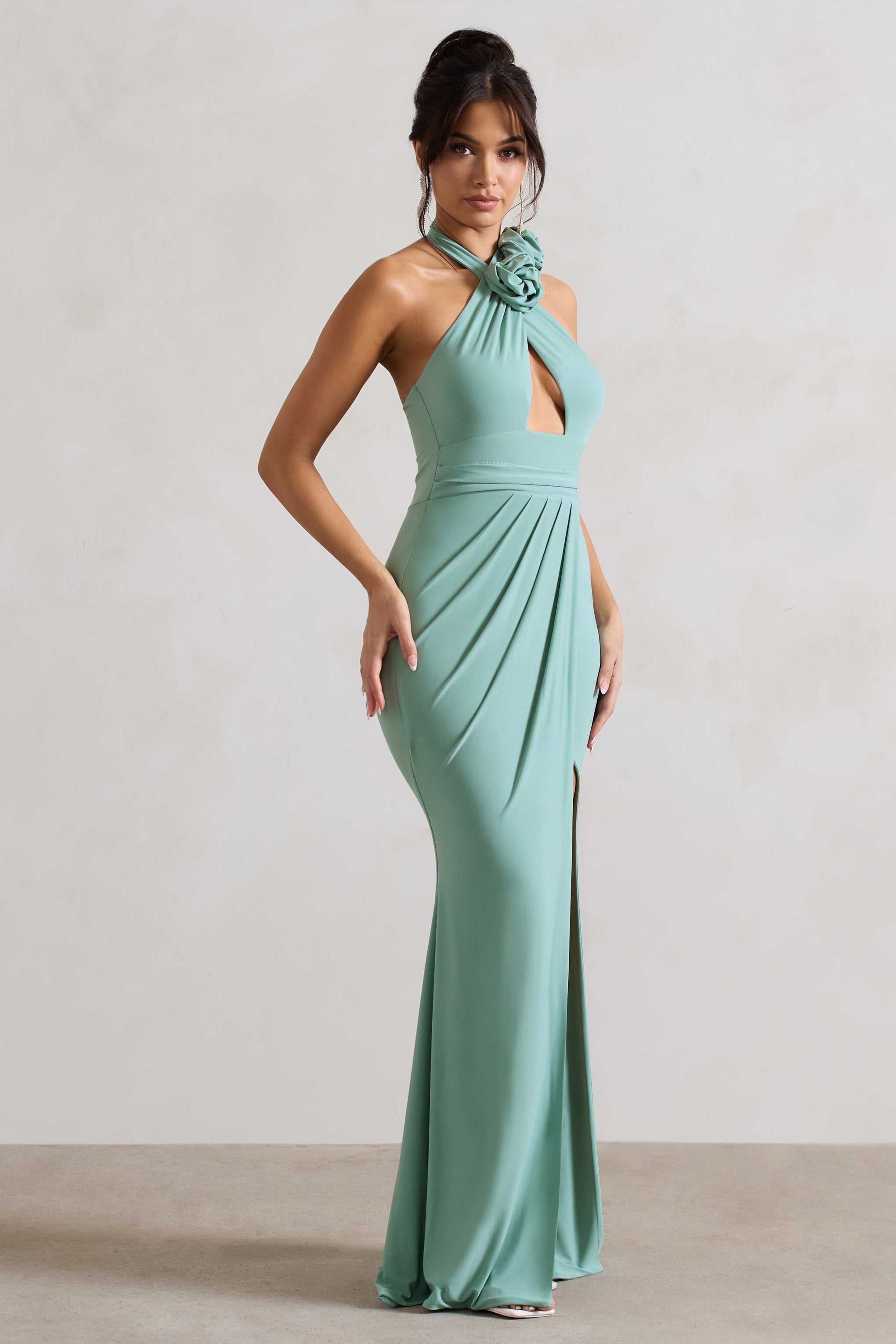 Sage Halter-Neck Cut-Out Split Maxi Dress With Flowers