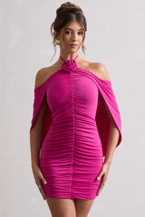 Dark Pink Ruched Halter-Neck Draped Mini Dress With Corsage