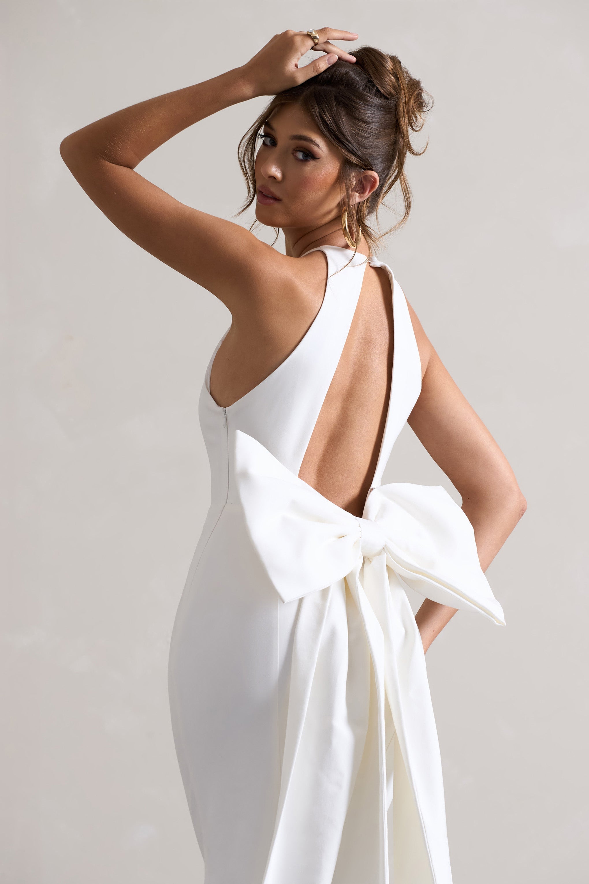 White Open-Back Maxi Dress With Oversized White Bow