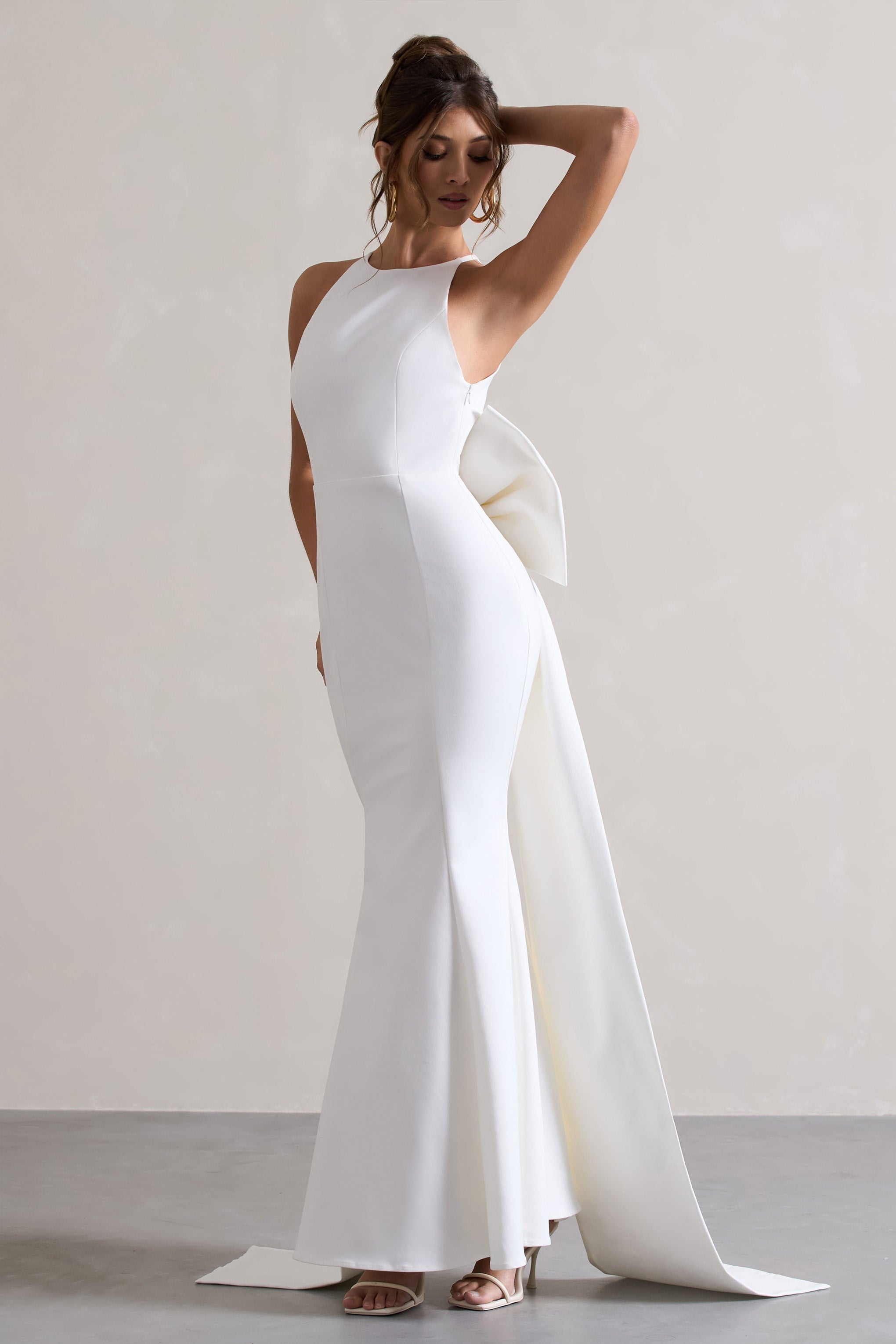 White Open-Back Maxi Dress With Oversized White Bow