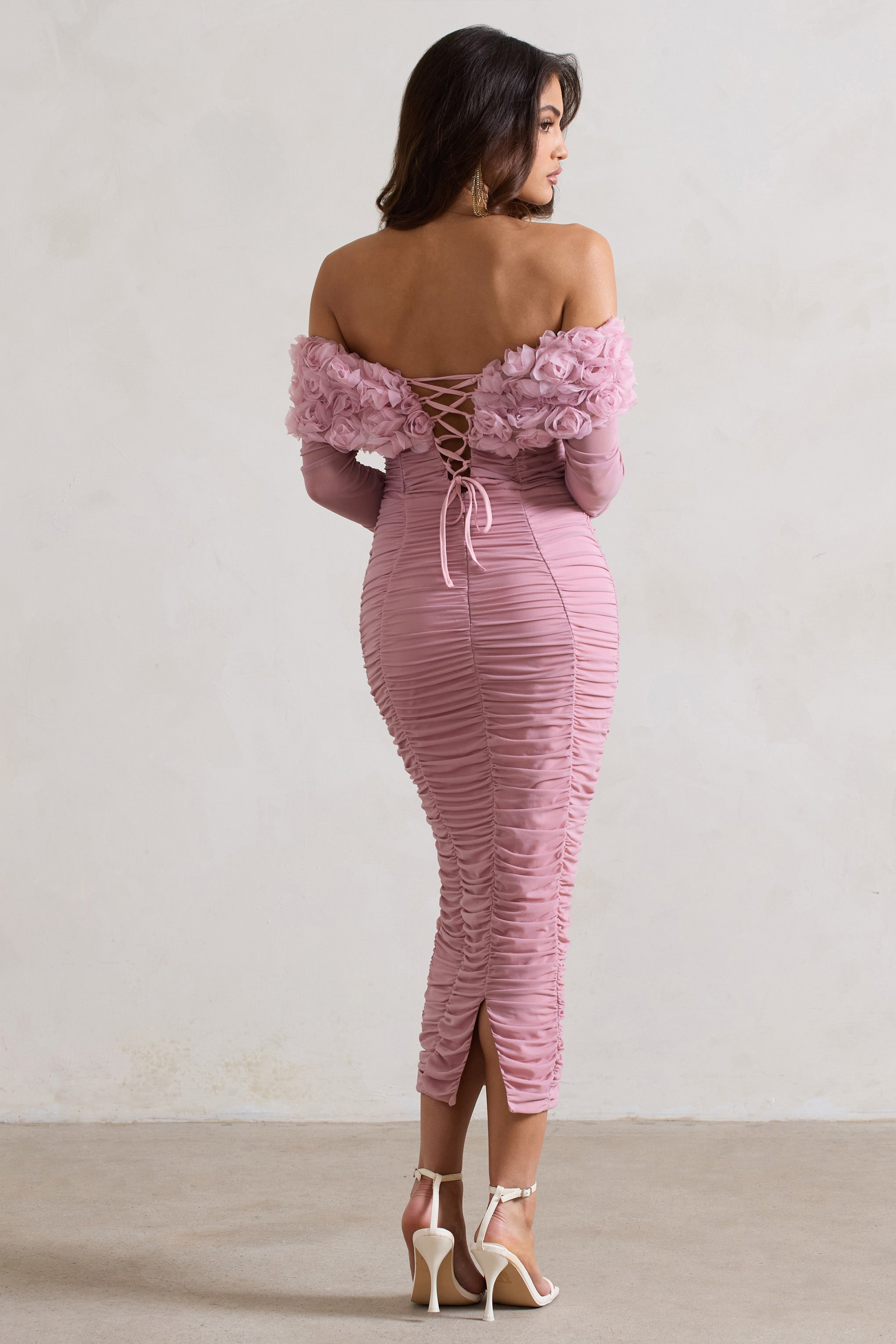 Pink Mesh Ruched Floral Bardot Lace-Up Midi Dress