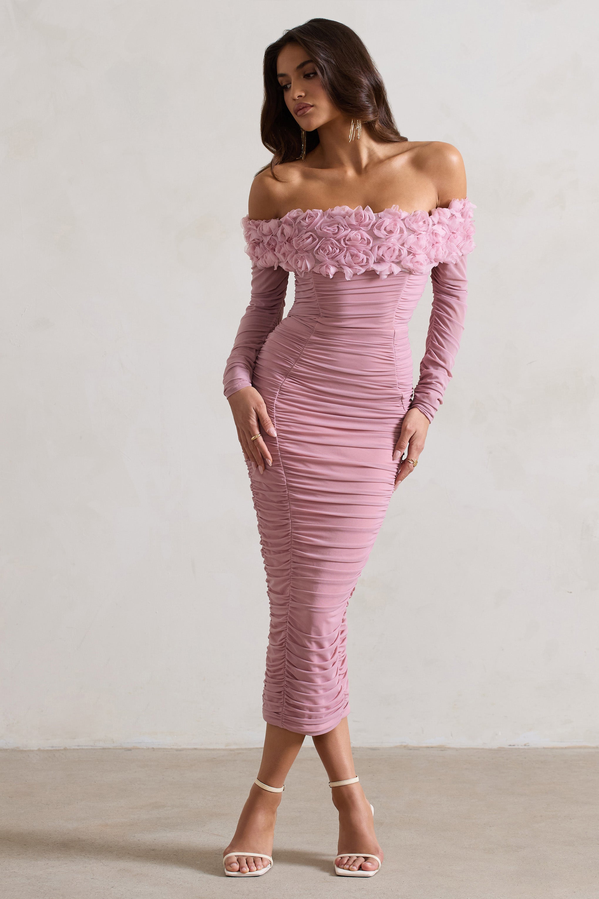 Pink Mesh Ruched Floral Bardot Lace-Up Midi Dress