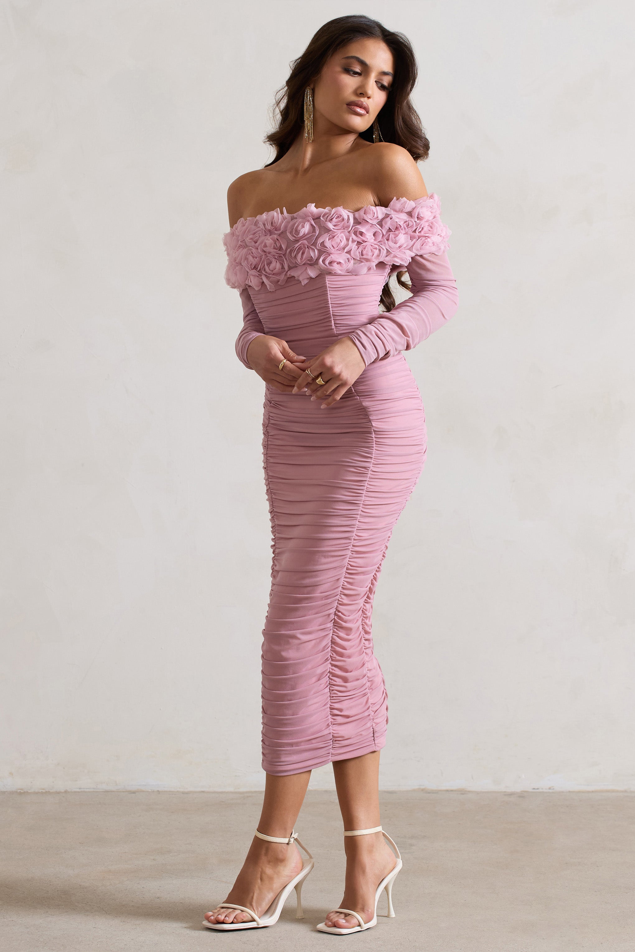 Pink Mesh Ruched Floral Bardot Lace-Up Midi Dress