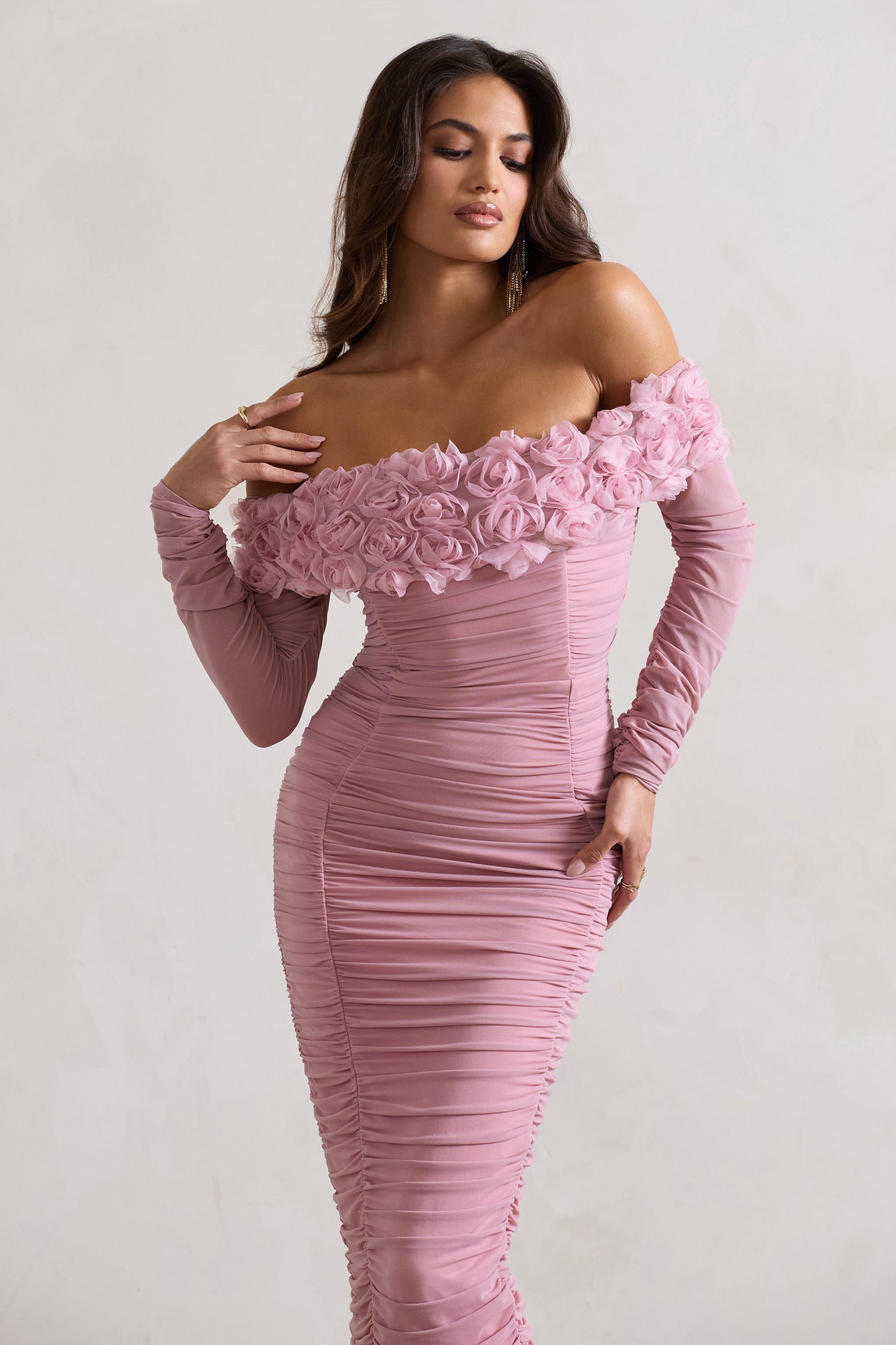 Pink Mesh Ruched Floral Bardot Lace-Up Midi Dress