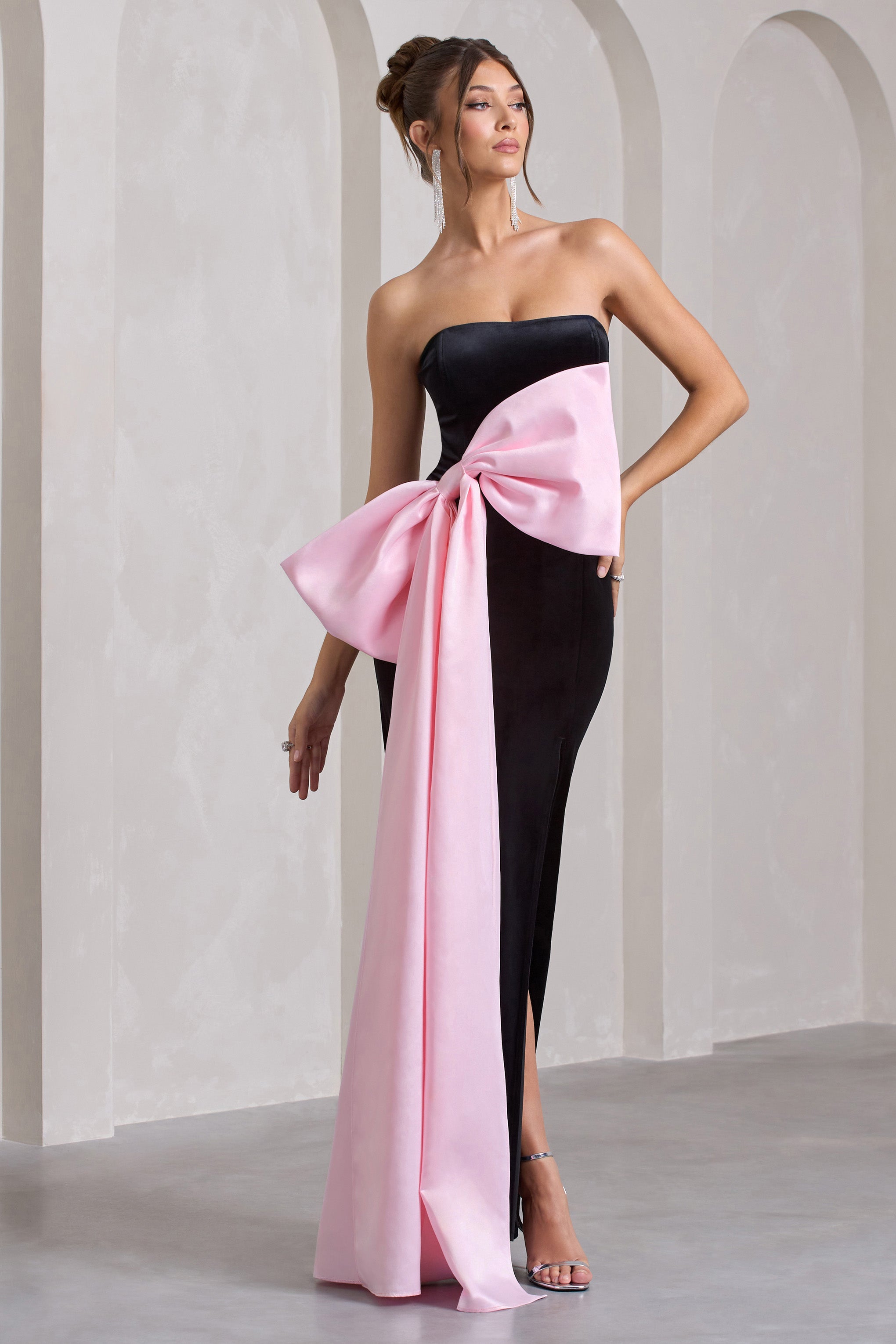 Black Velvet Bandeau Split Maxi Dress With Oversized Pink Bow