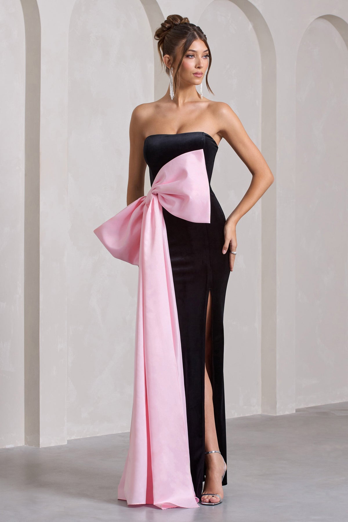 Black Velvet Bandeau Split Maxi Dress With Oversized Pink Bow