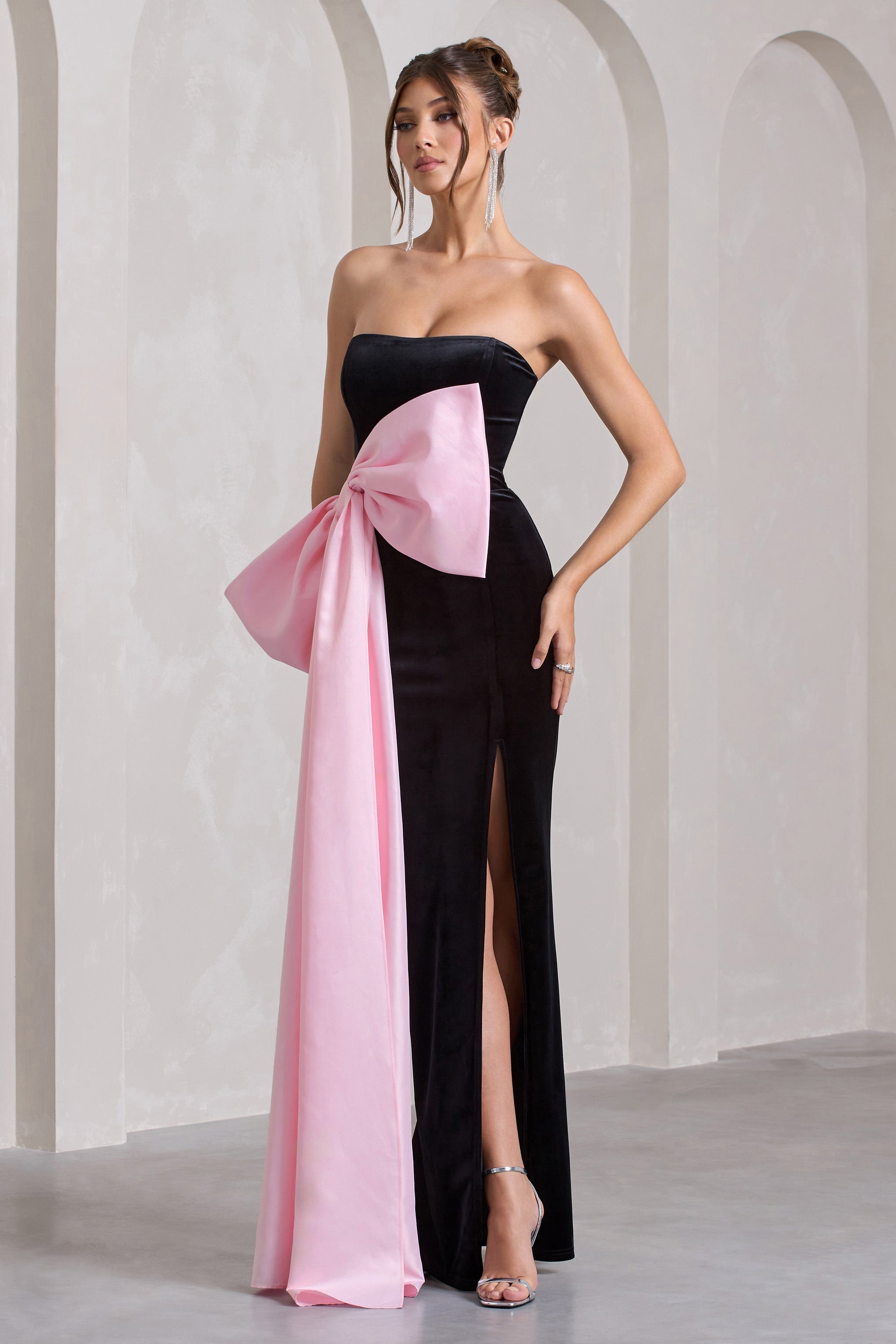Black Velvet Bandeau Split Maxi Dress With Oversized Pink Bow