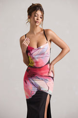 Black Floral Print Cowl-Neck Open-Back Split Maxi Dress