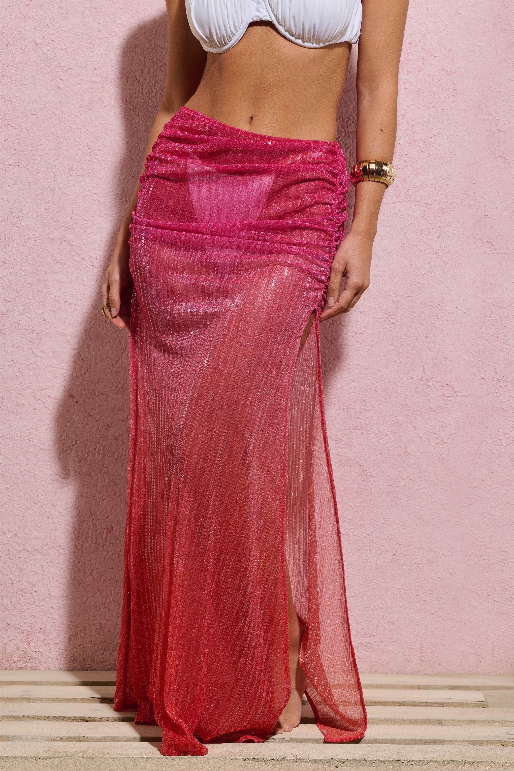 Pink & Orange Ombre Sequin Maxi Skirt