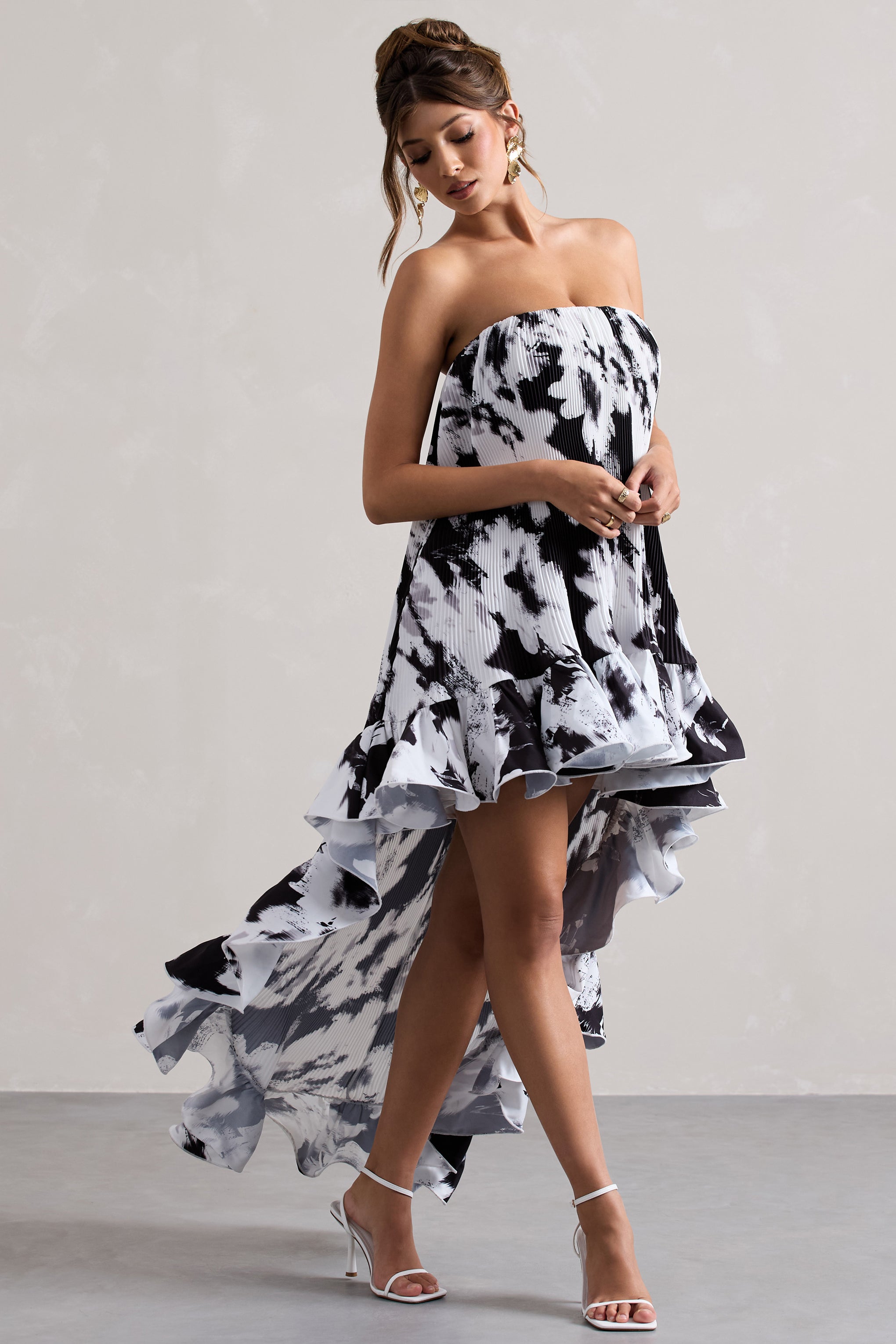 Monochrome Floral Chiffon Bandeau High-Low Ruffled Maxi Dress