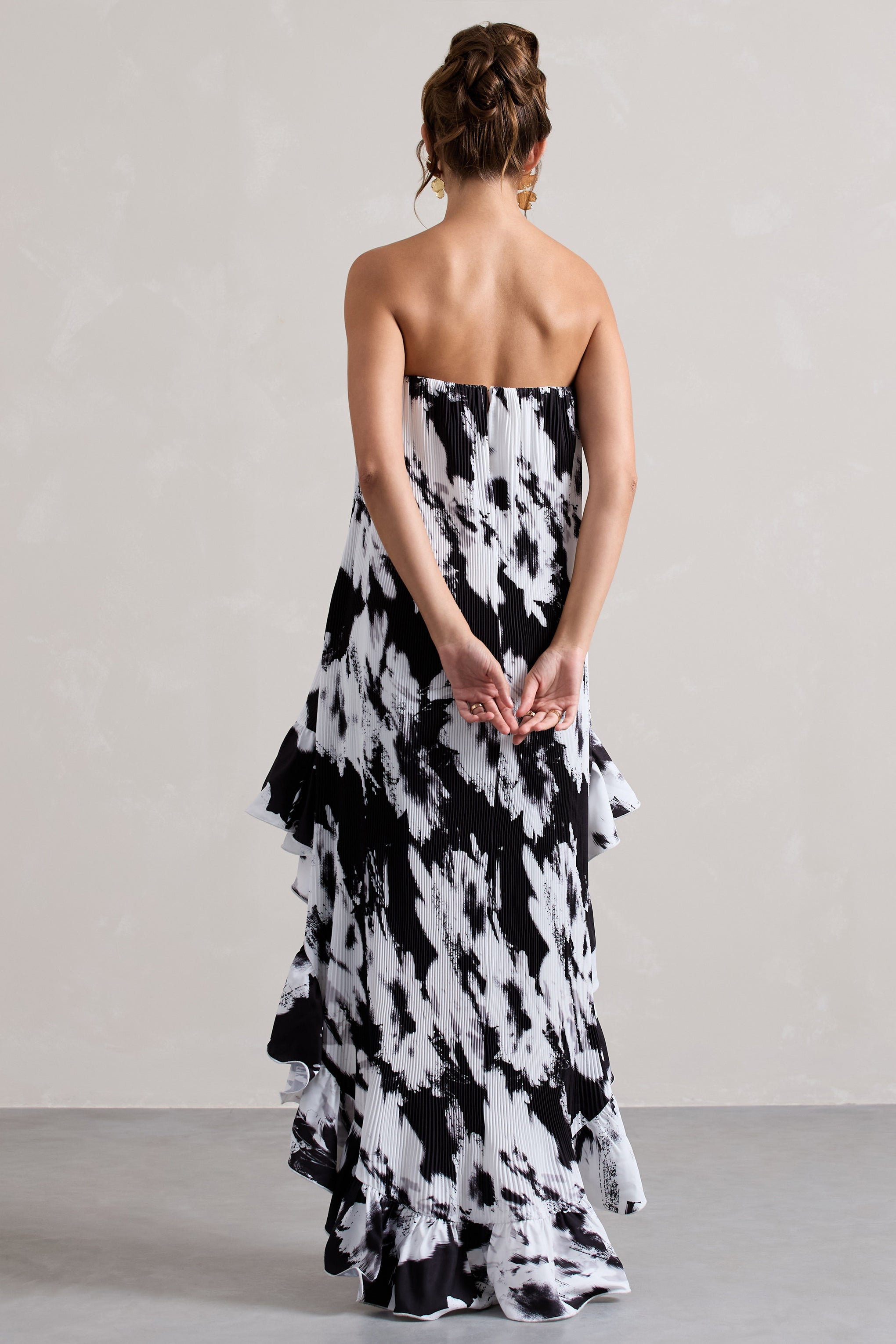 Monochrome Floral Chiffon Bandeau High-Low Ruffled Maxi Dress